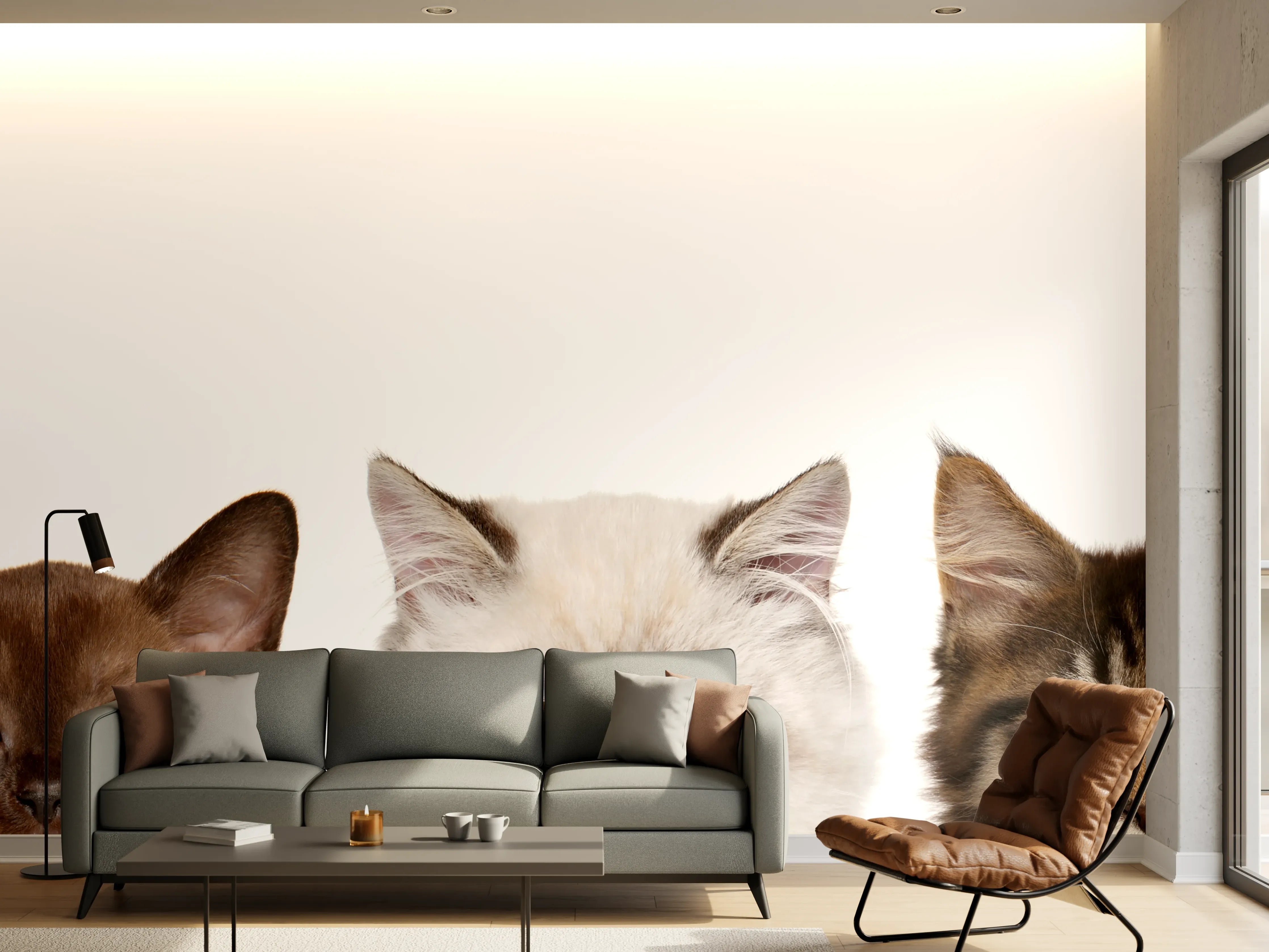 Wandverkleidung Wohnzimmer - Katzen-Kopf-Reihe in Weiß-Grau