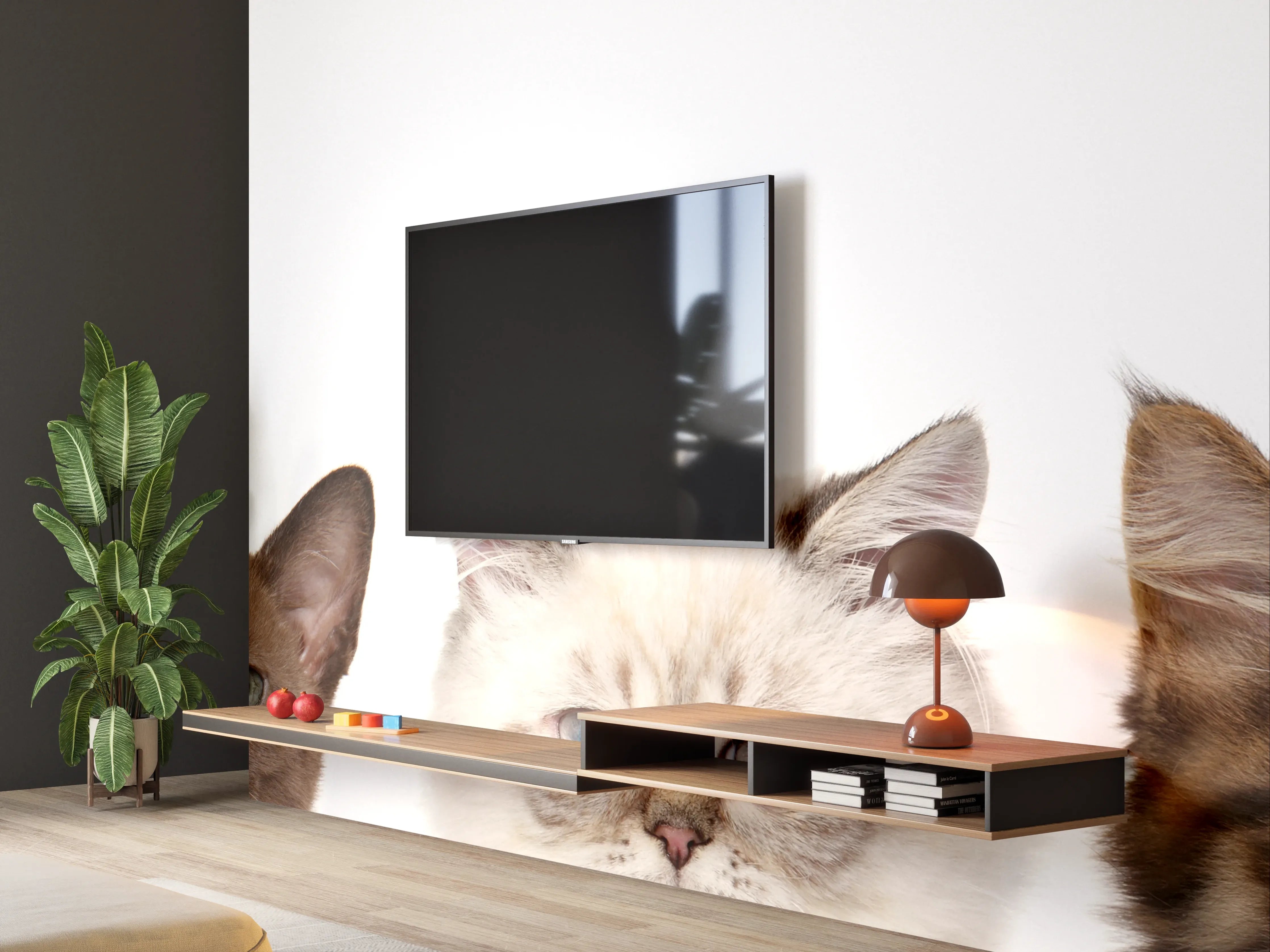 Wandverkleidung Wohnzimmer - Katzen-Kopf-Reihe in Weiß-Grau