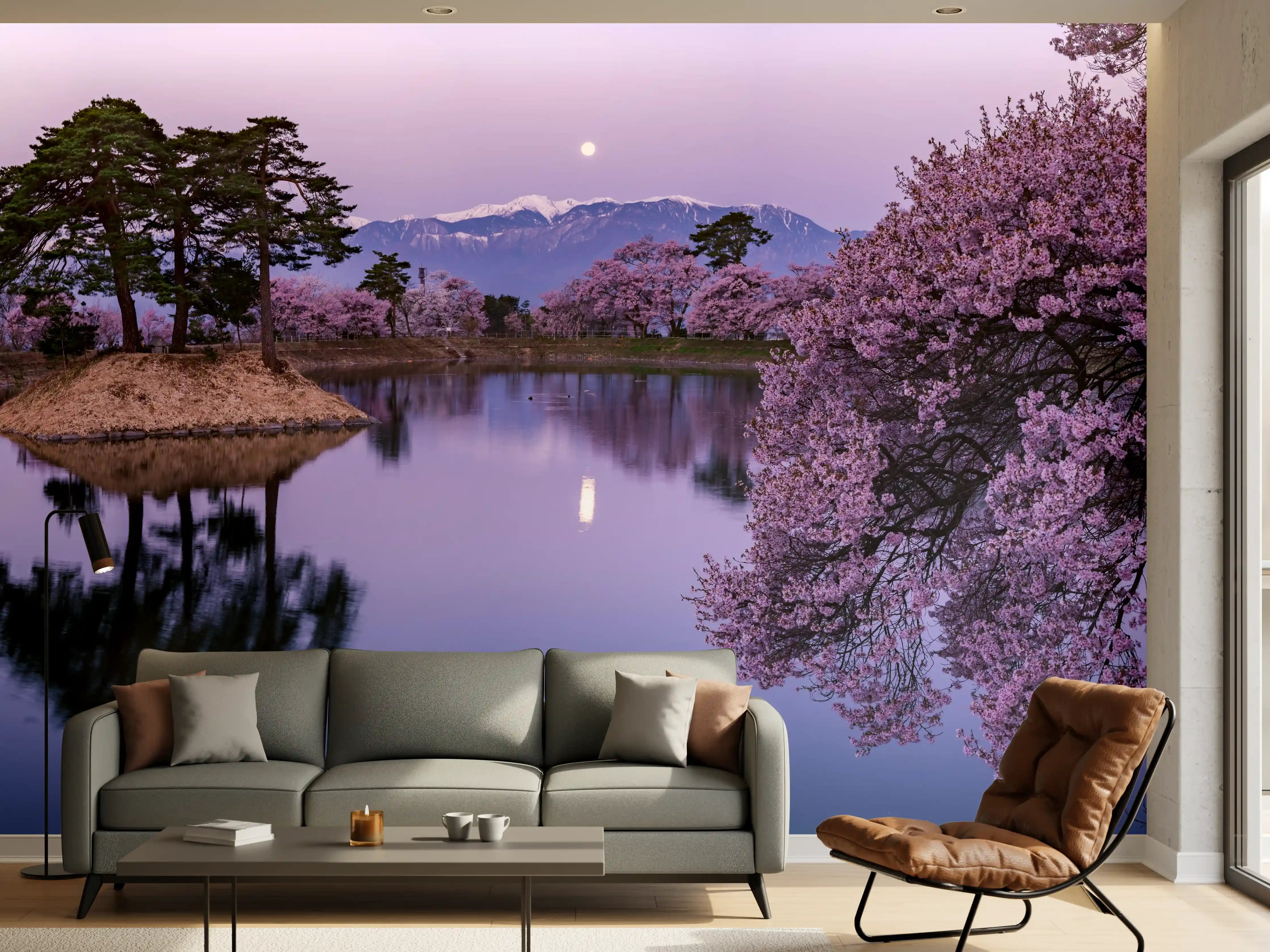 Wandverkleidung Wohnzimmer - Kirschblüte - Vollmond