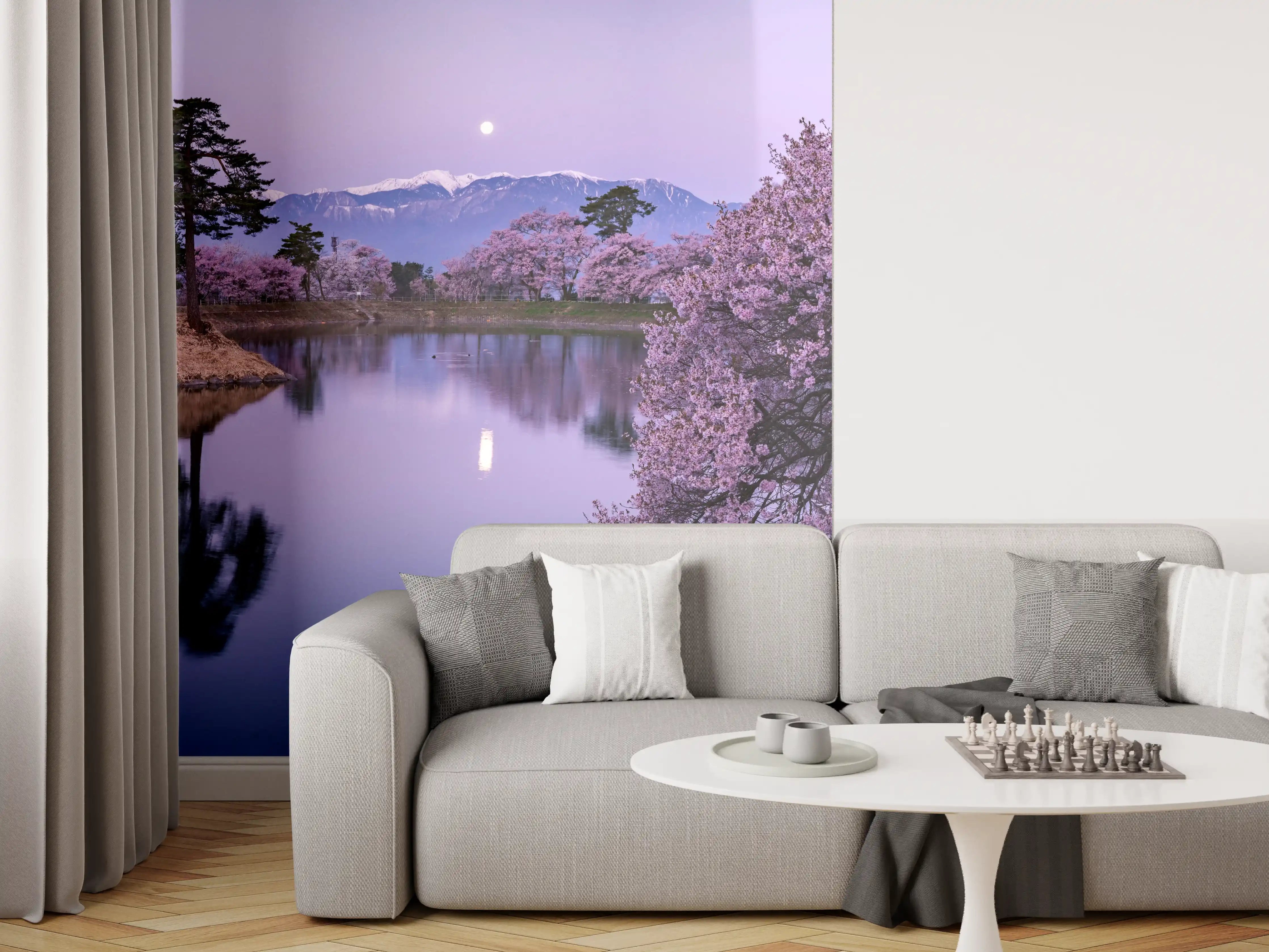 Wandverkleidung Wohnzimmer - Kirschblüte - Vollmond
