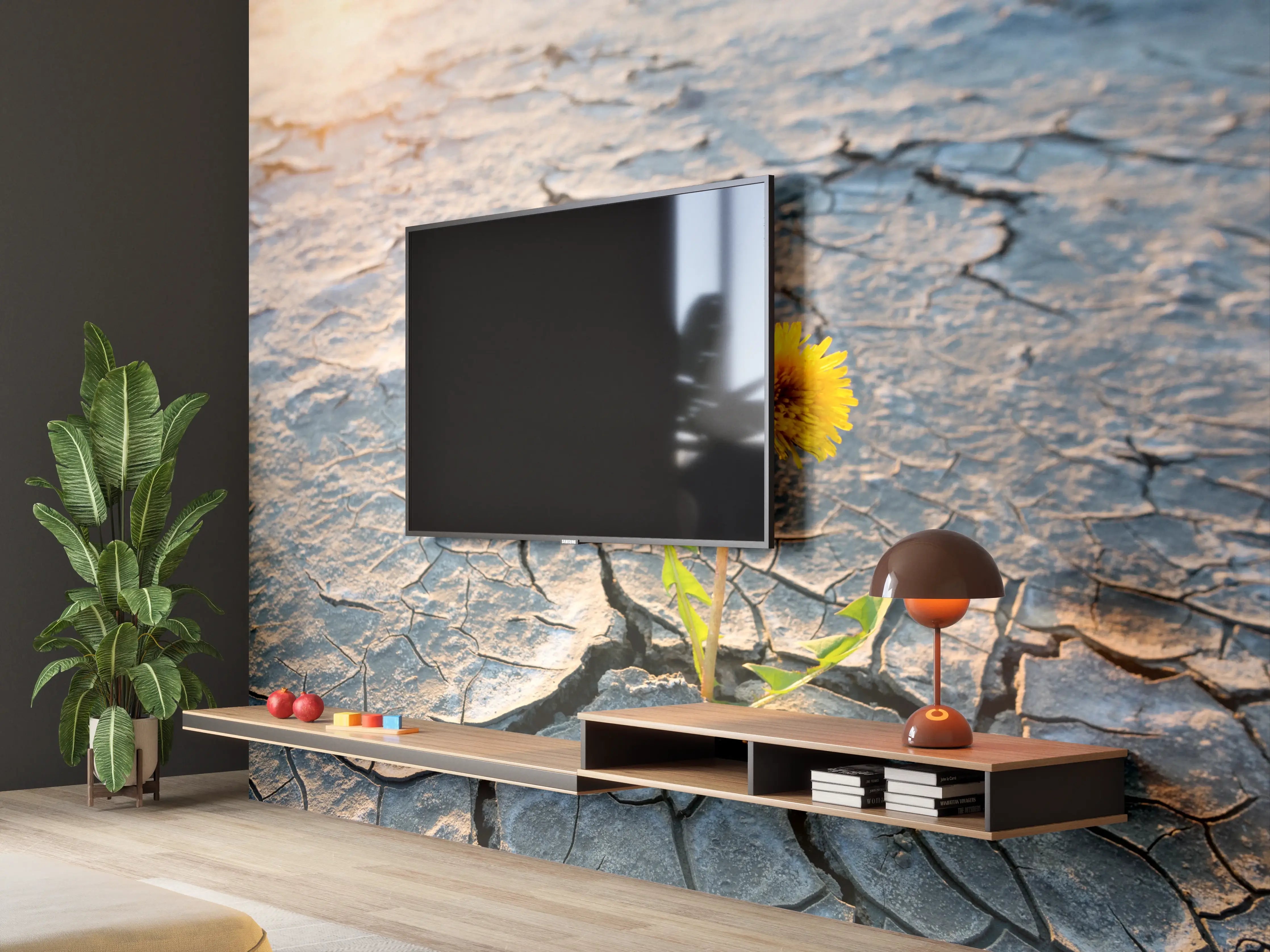 Wandverkleidung Wohnzimmer - Kleine Blume auf trockener Erde