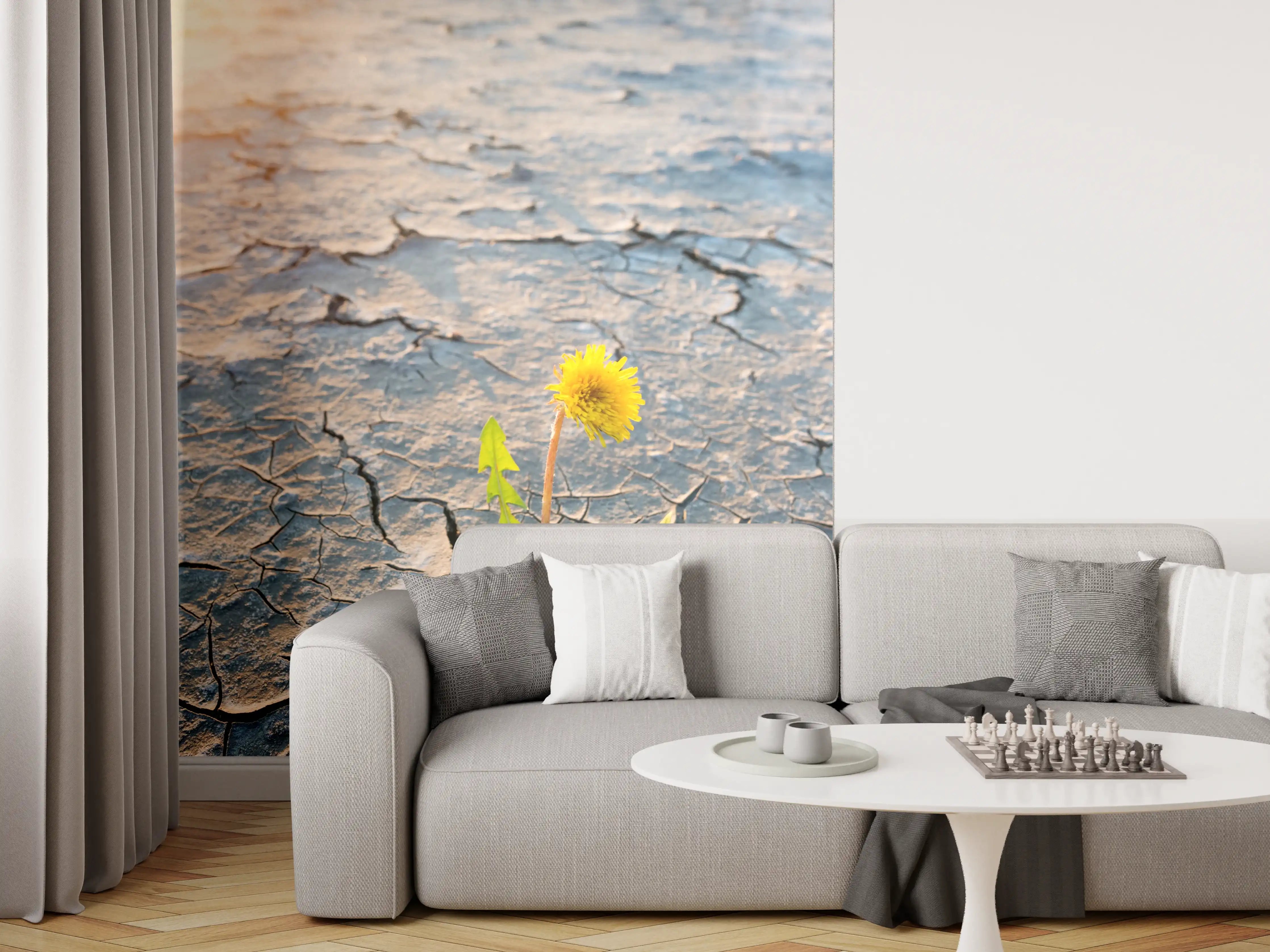 Wandverkleidung Wohnzimmer - Kleine Blume auf trockener Erde