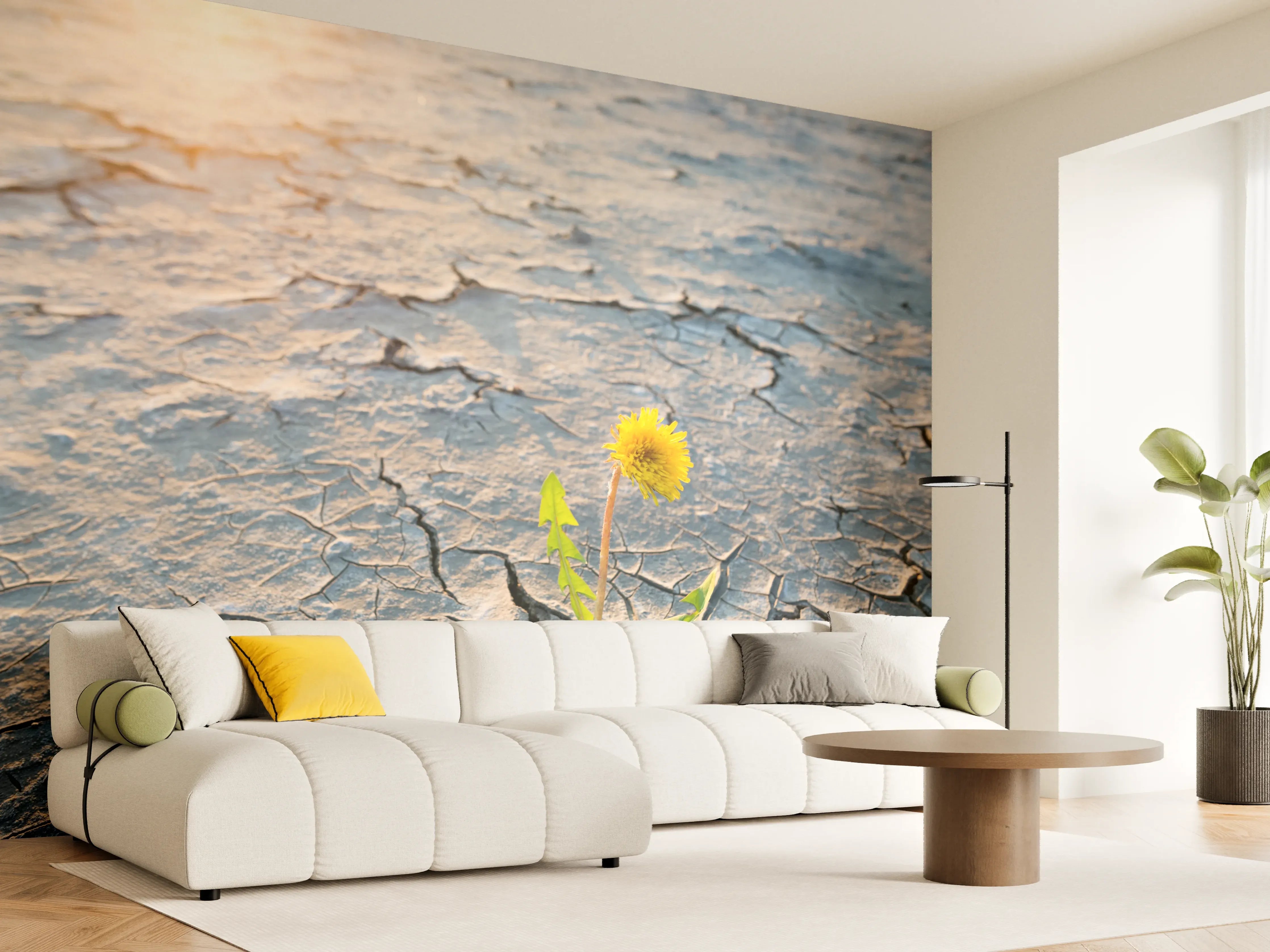 Wandverkleidung Wohnzimmer - Kleine Blume auf trockener Erde