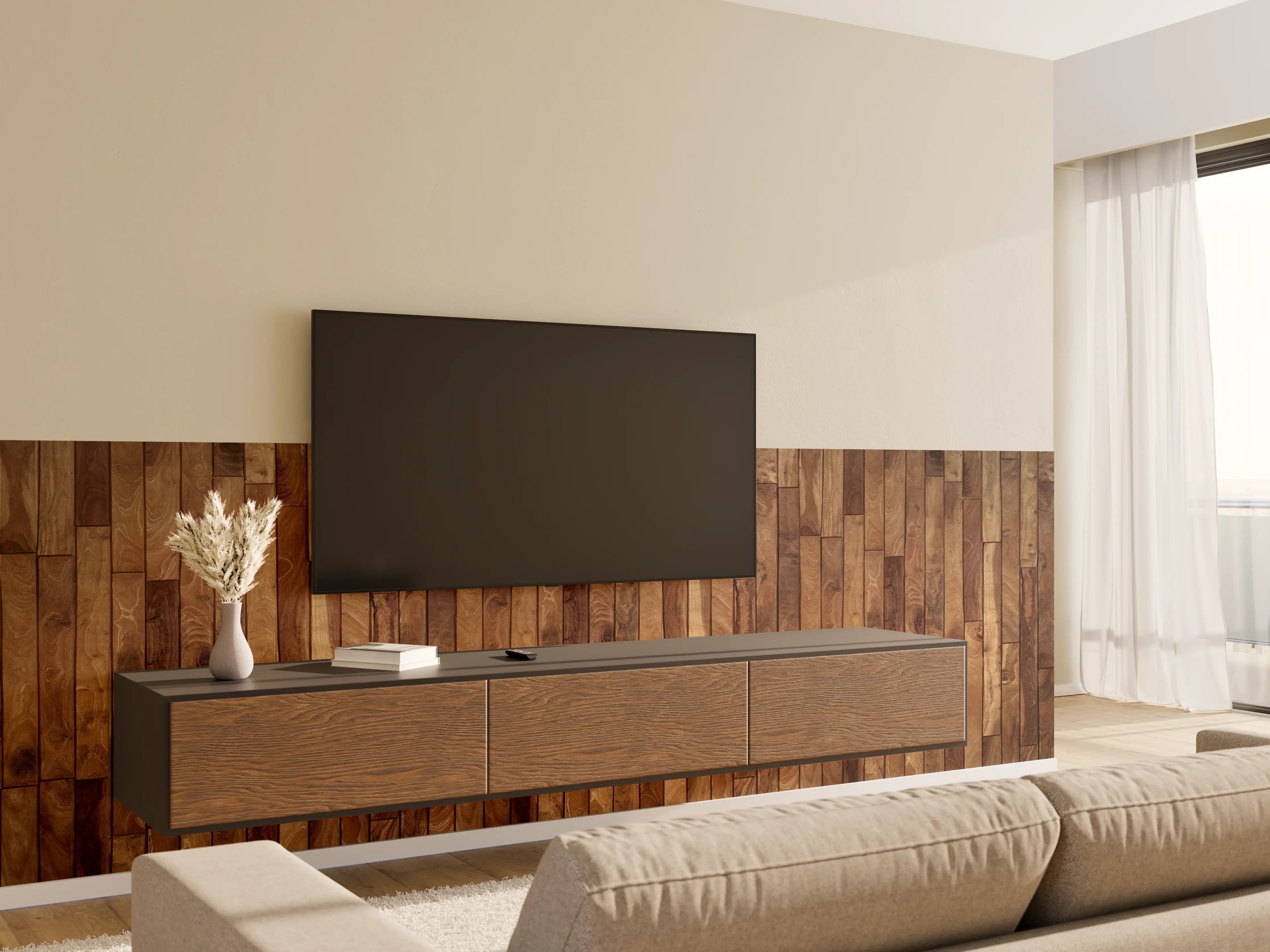 Wandverkleidung Wohnzimmer - Kleine Kiefernholzstücke