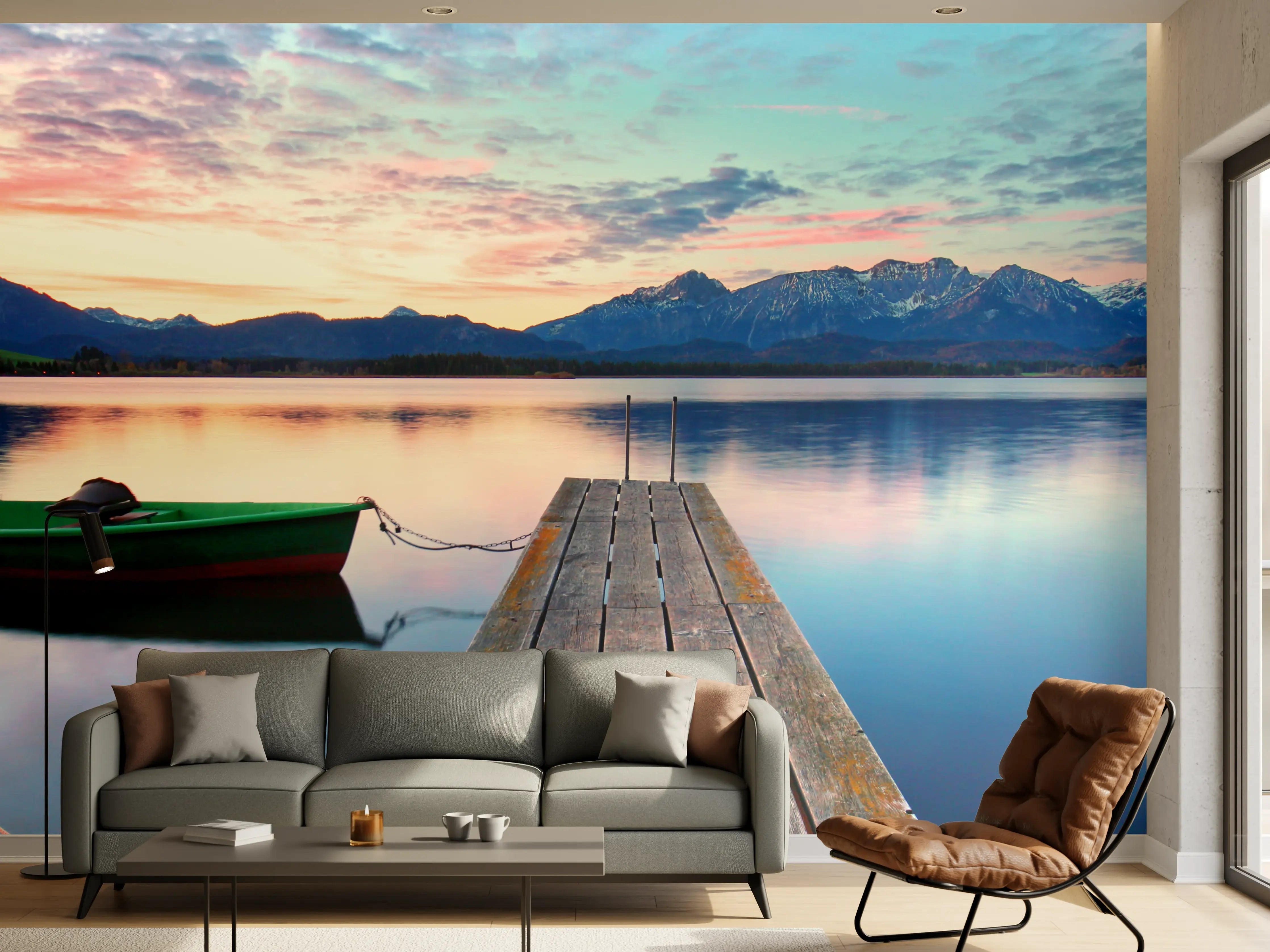 Wandverkleidung Wohnzimmer - Kleines Boot am Bergsee