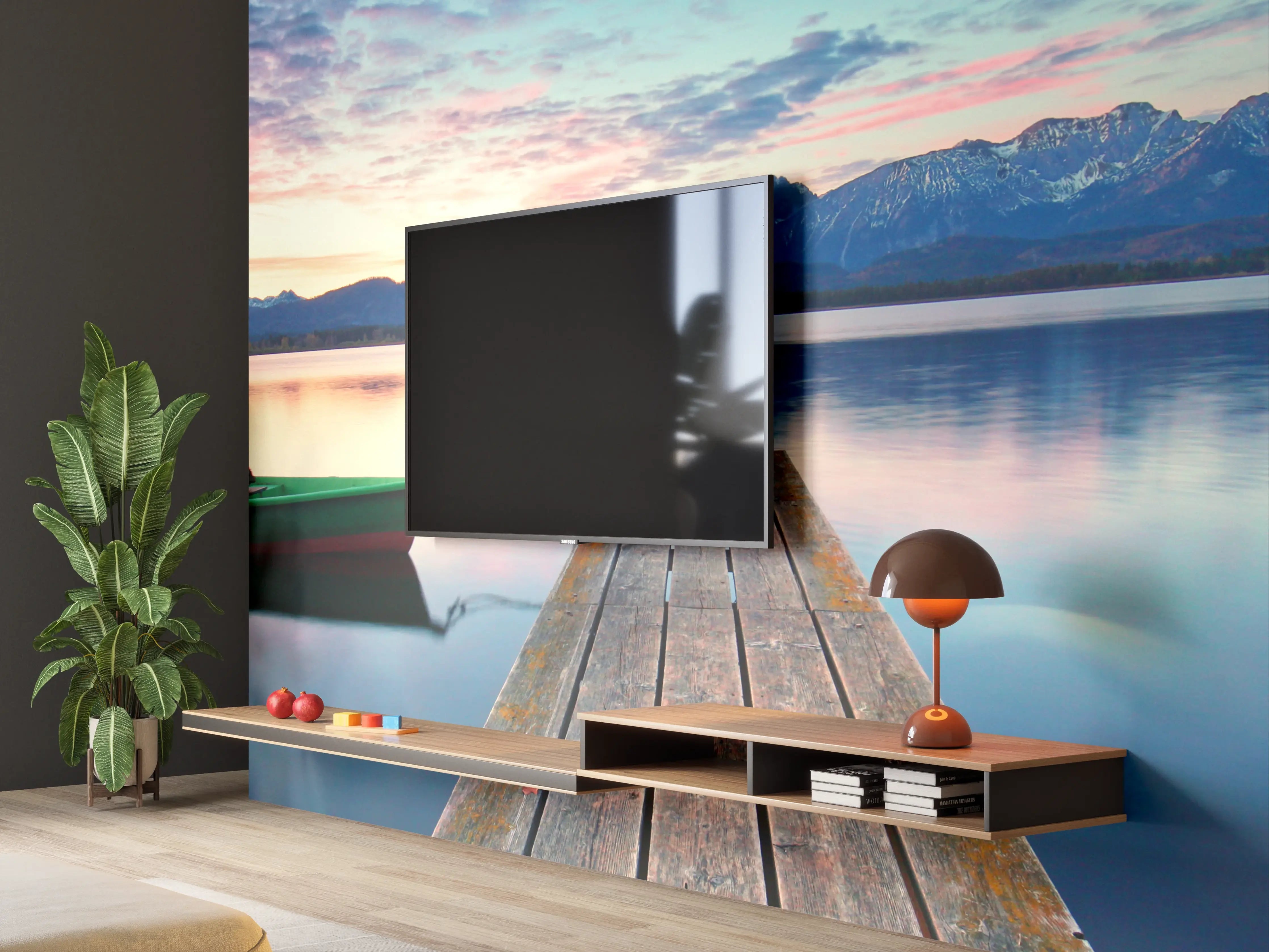 Wandverkleidung Wohnzimmer - Kleines Boot am Bergsee