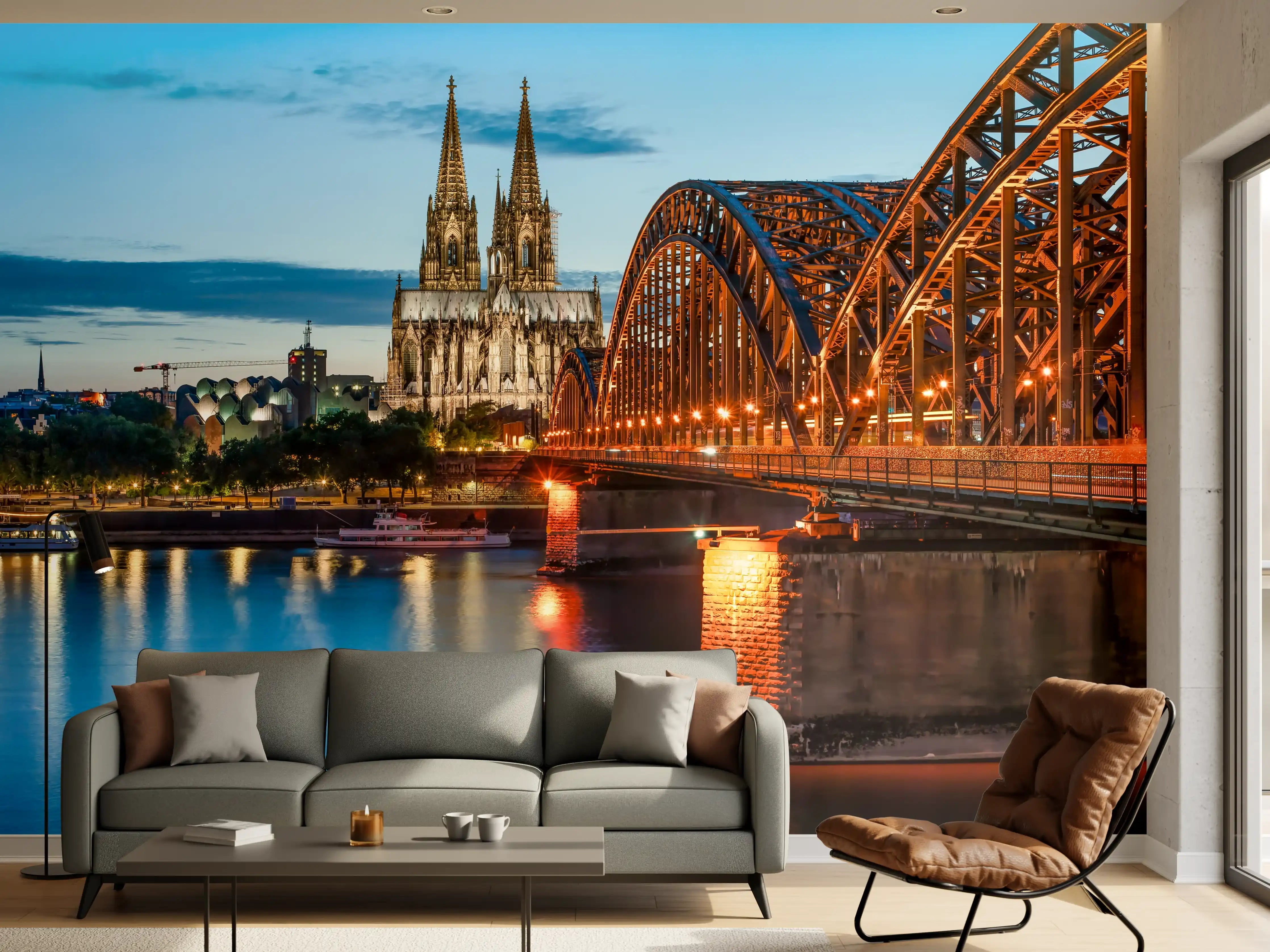 Wandverkleidung Wohnzimmer - Kölner Dom und Hohenzollernbrücke bei Nacht
