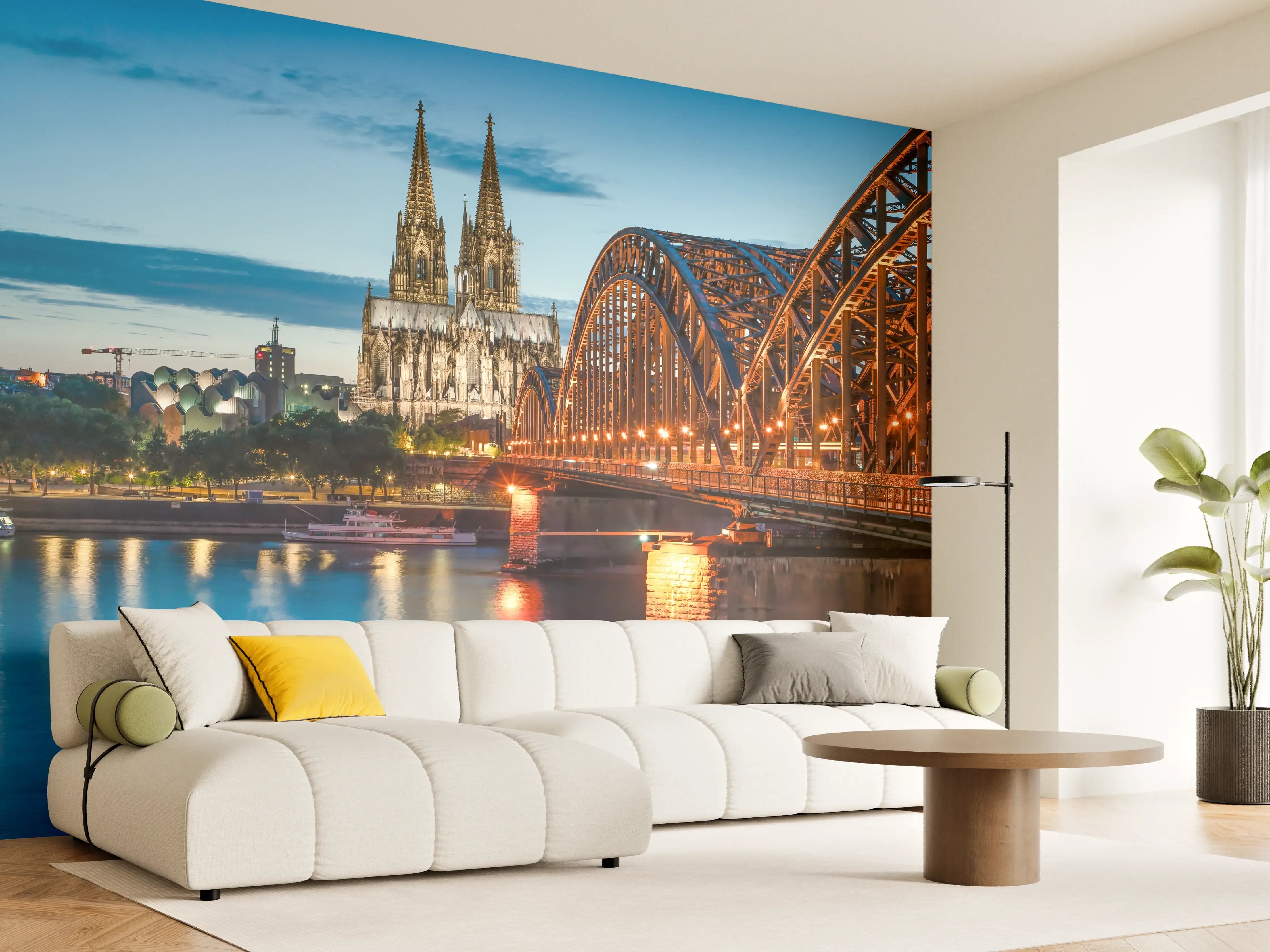 Wandverkleidung Wohnzimmer - Kölner Dom und Hohenzollernbrücke bei Nacht