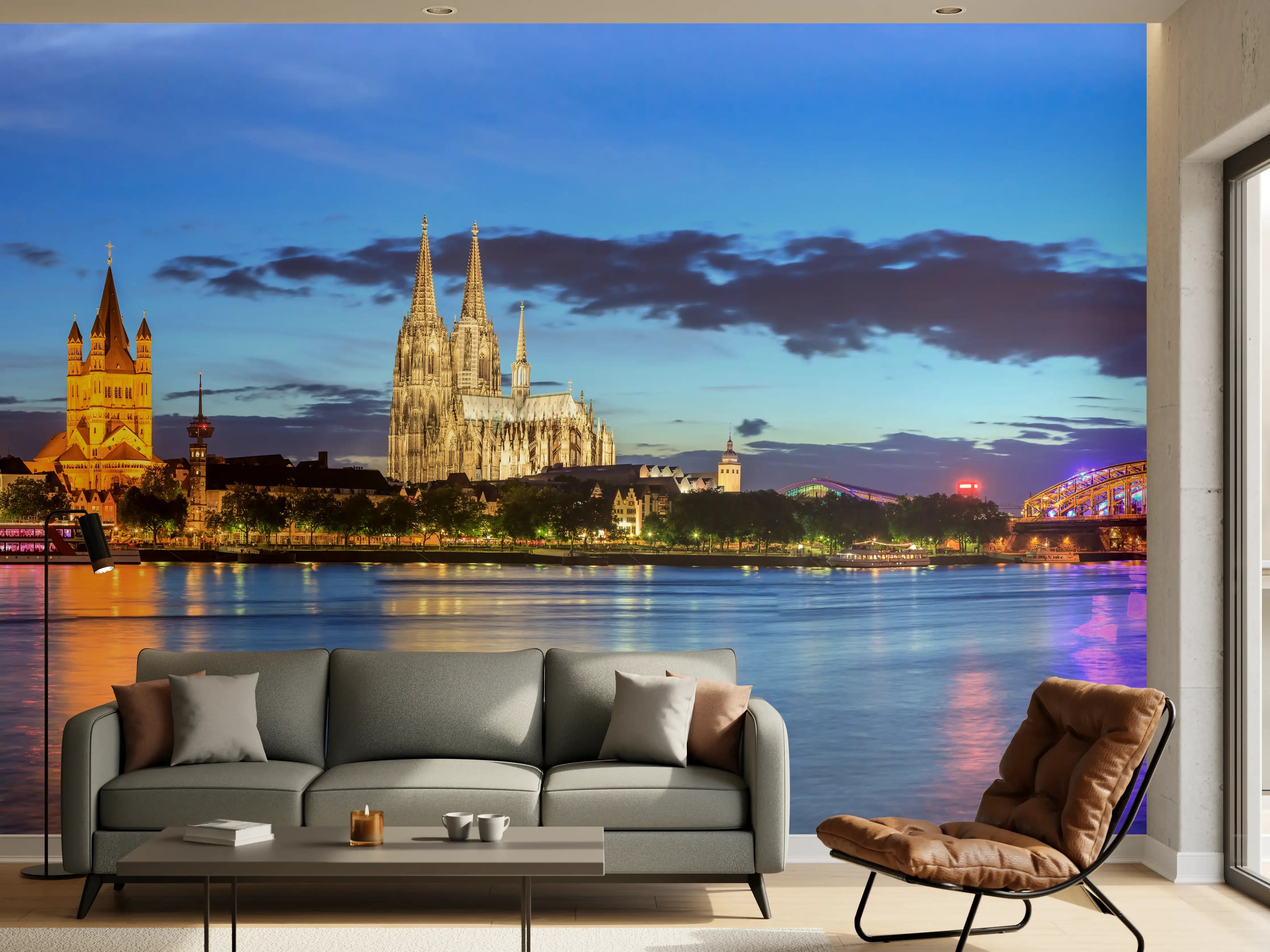 Wandverkleidung Wohnzimmer - Kölner Skyline - Nachts