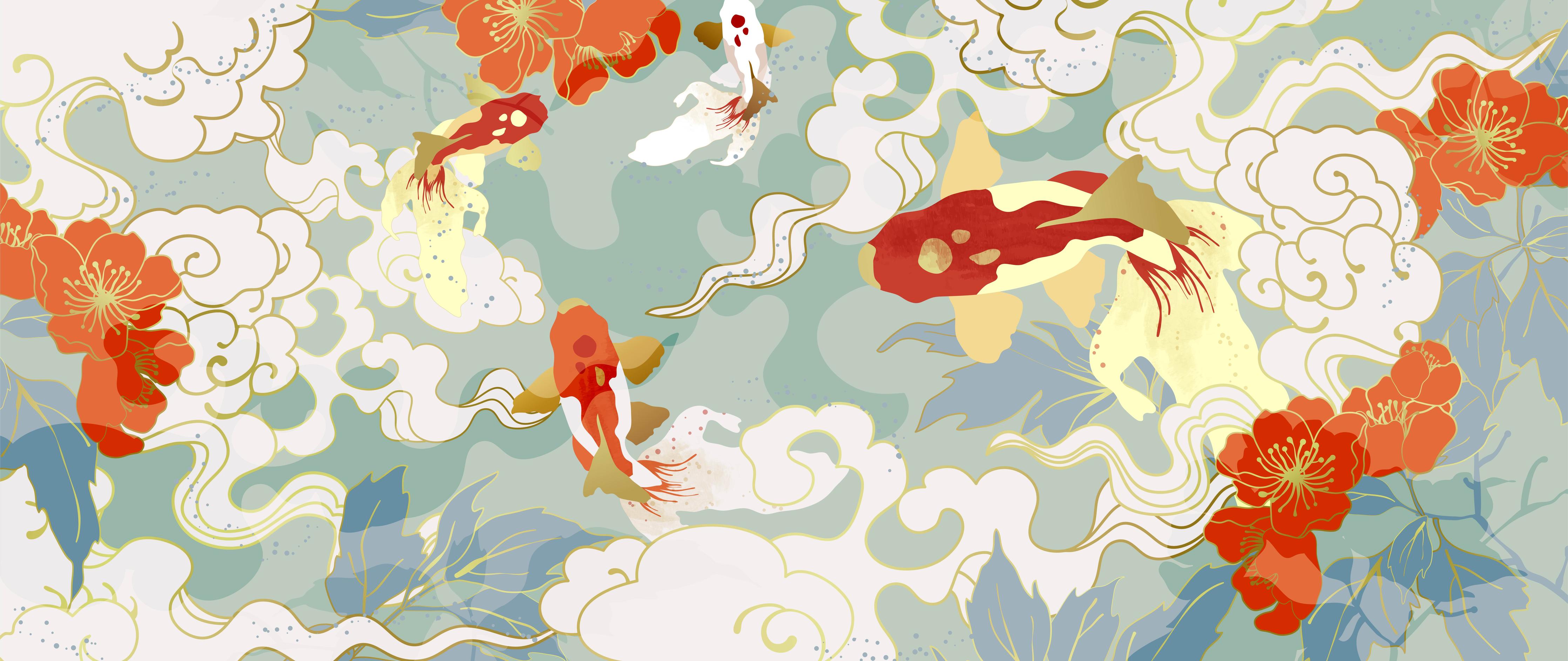 Wandverkleidung Wohnzimmer-Koi-Fisch Muster Pastell