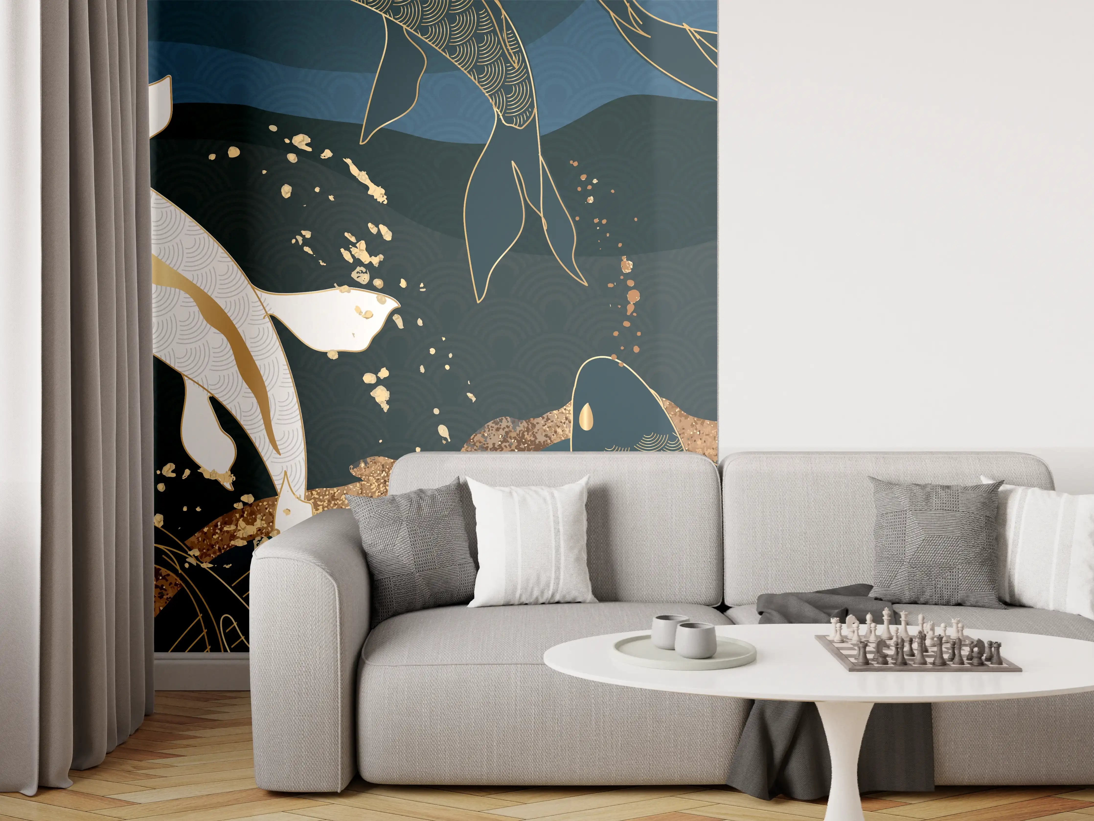 Wandverkleidung Wohnzimmer - Koi-Fische Illustration Bunt