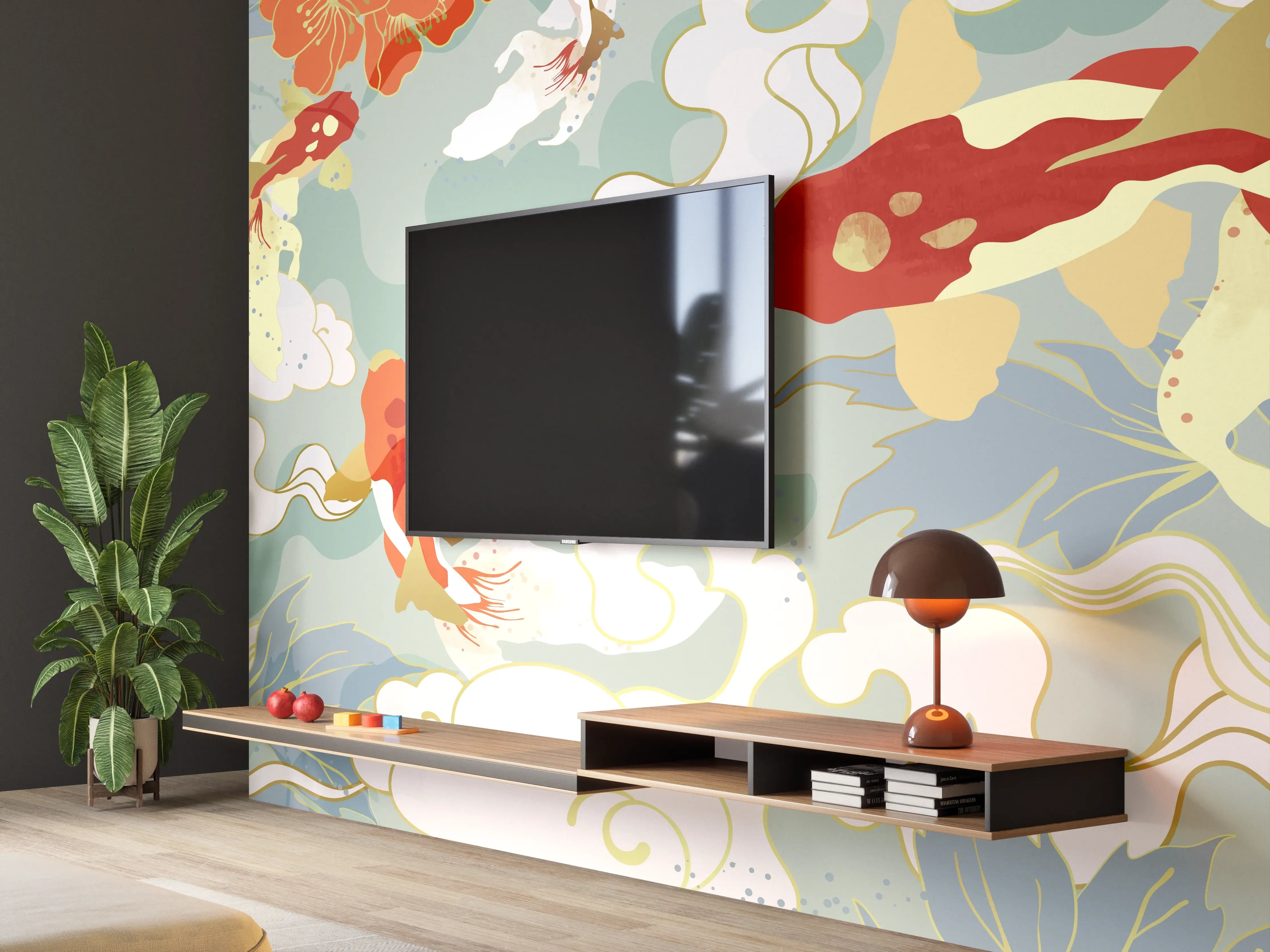 Wandverkleidung Wohnzimmer - Koi-Karpfen Blütenmuster Tapete