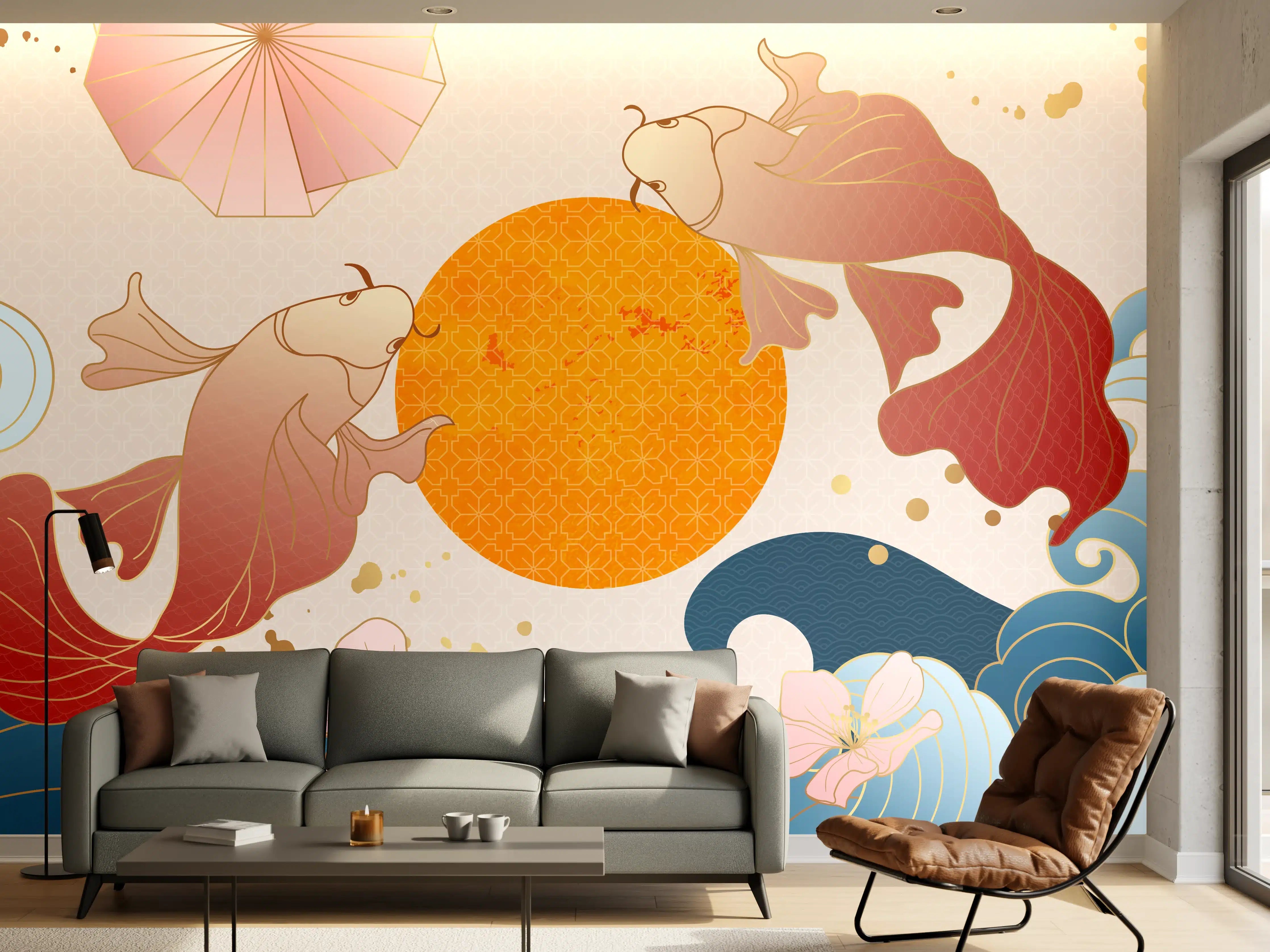 Wandverkleidung Wohnzimmer - Koi-Karpfen-Ornament-Grafik