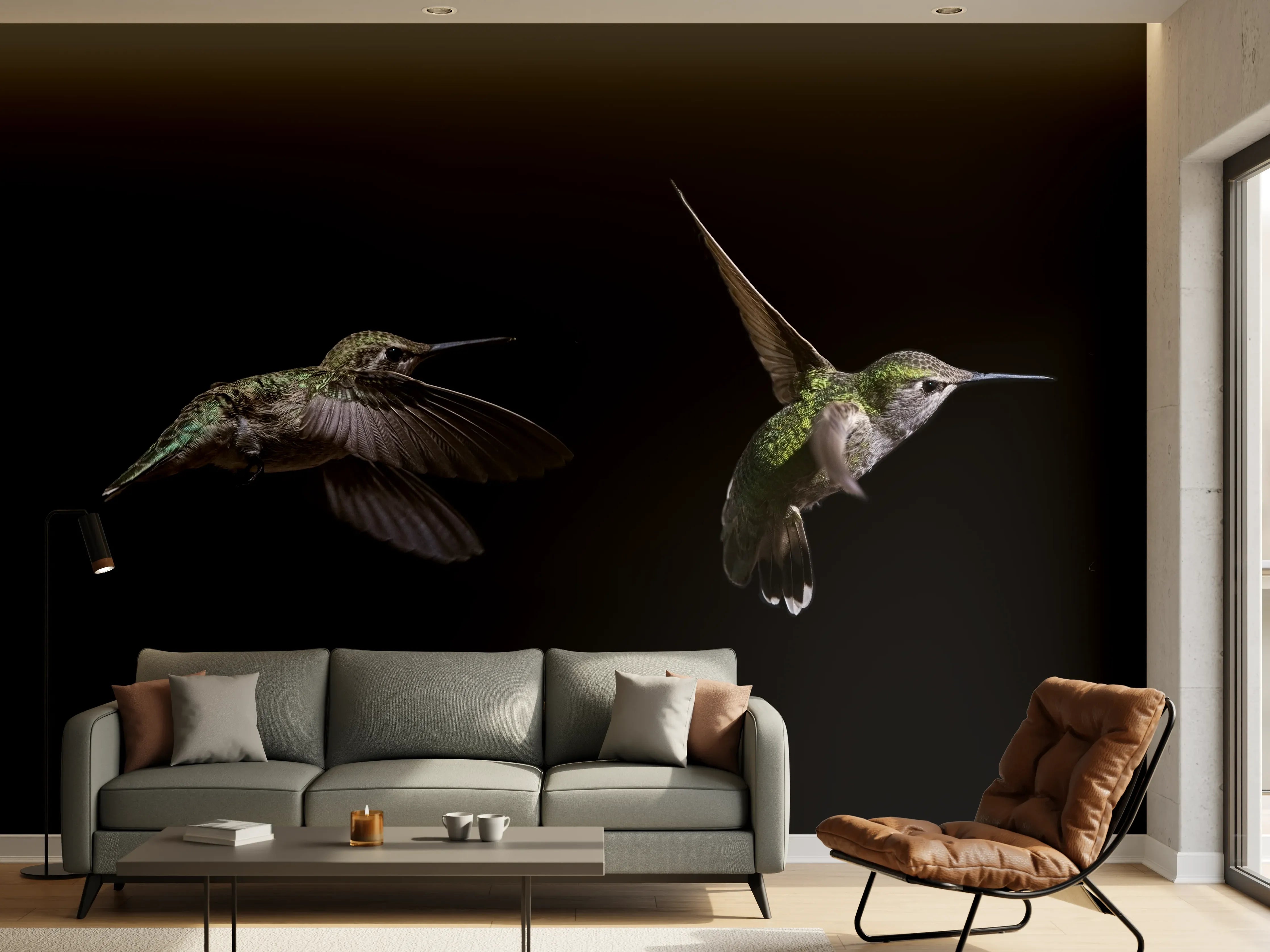 Wandverkleidung Wohnzimmer - Kolibri beim Fressen der Aloe Vera-Blüte