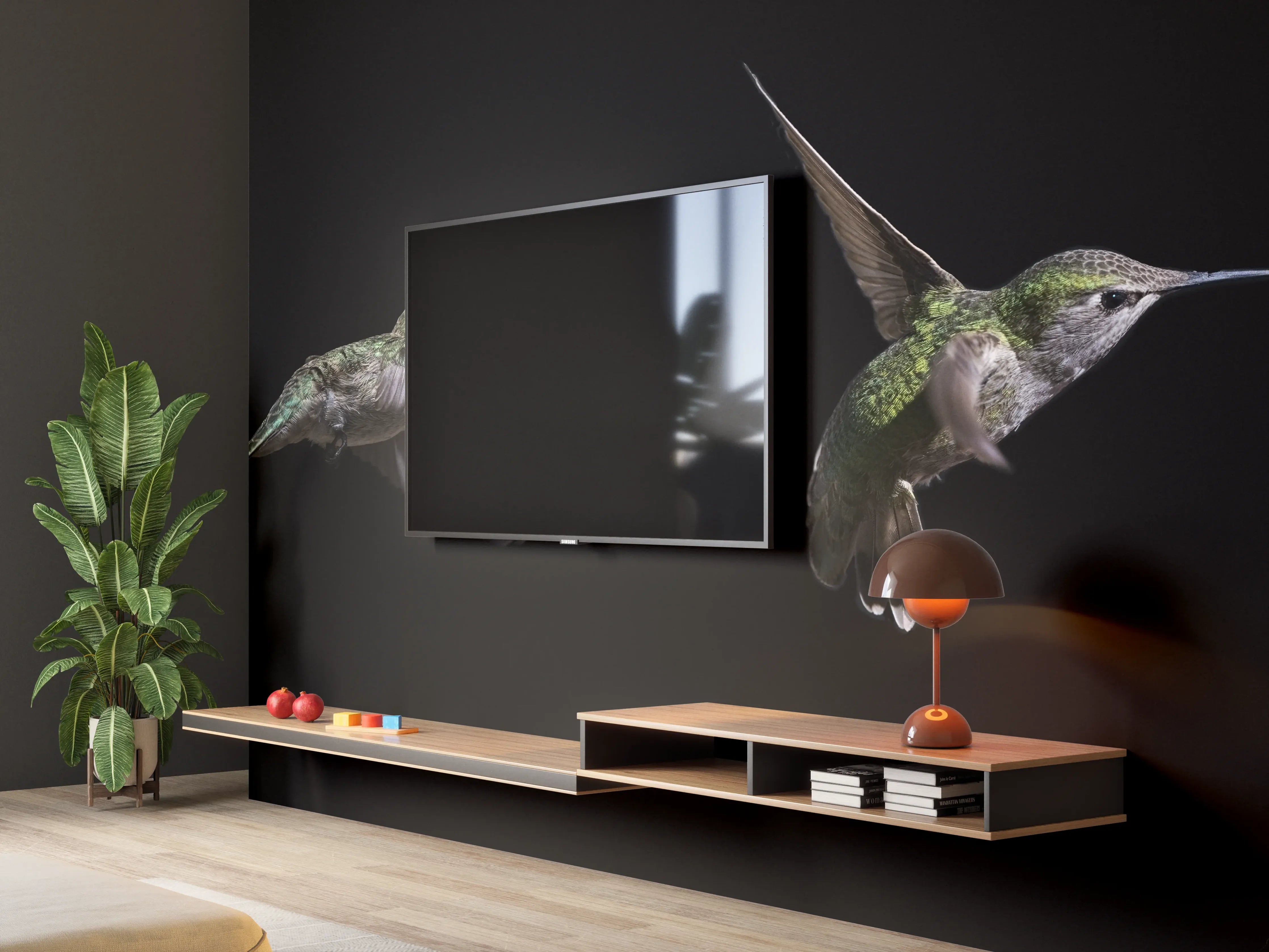 Wandverkleidung Wohnzimmer - Kolibri beim Fressen der Aloe Vera-Blüte