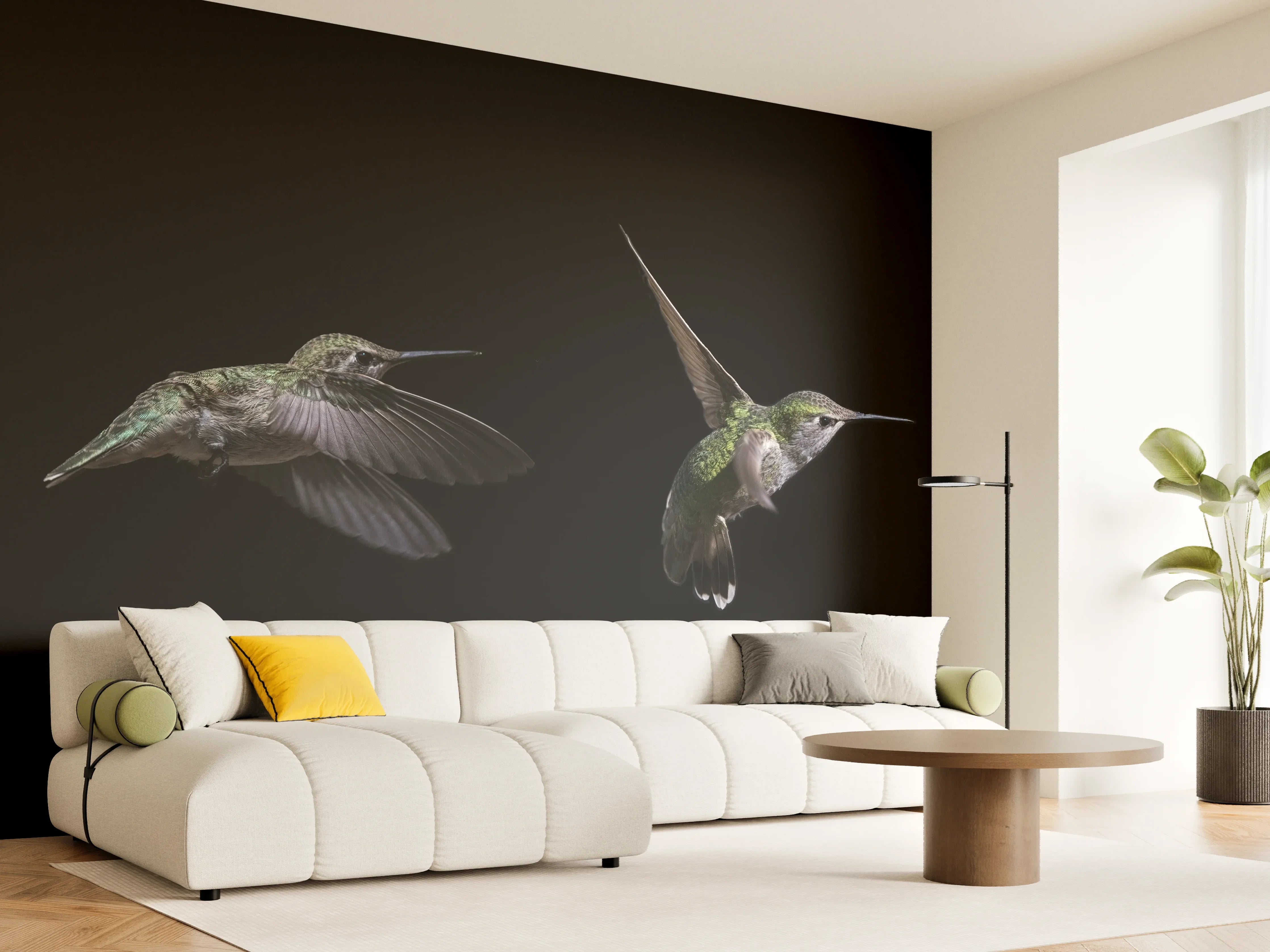Wandverkleidung Wohnzimmer - Kolibri beim Fressen der Aloe Vera-Blüte