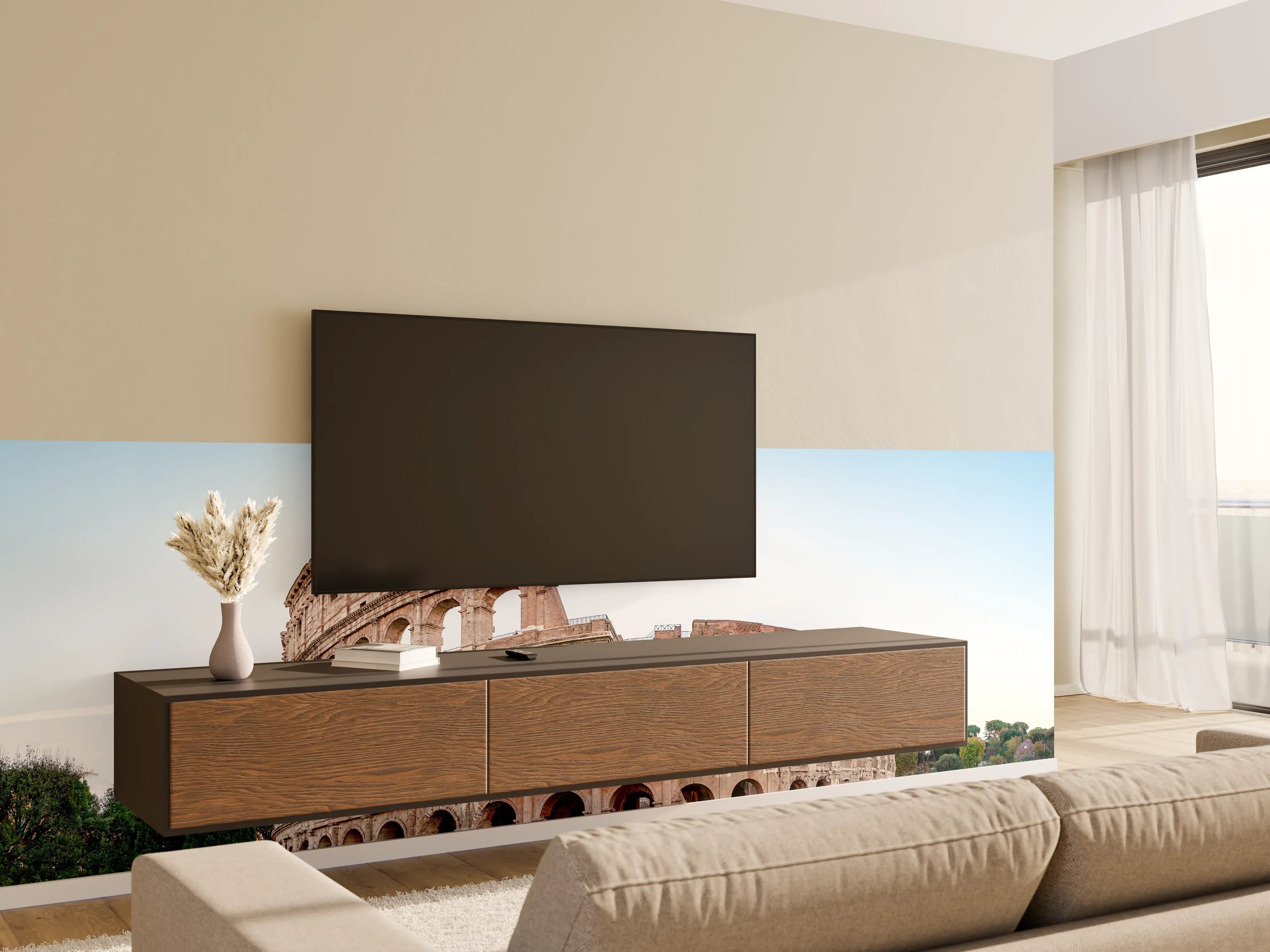 Wandverkleidung Wohnzimmer - Kolosseum Panorama Rom Beige-Blau