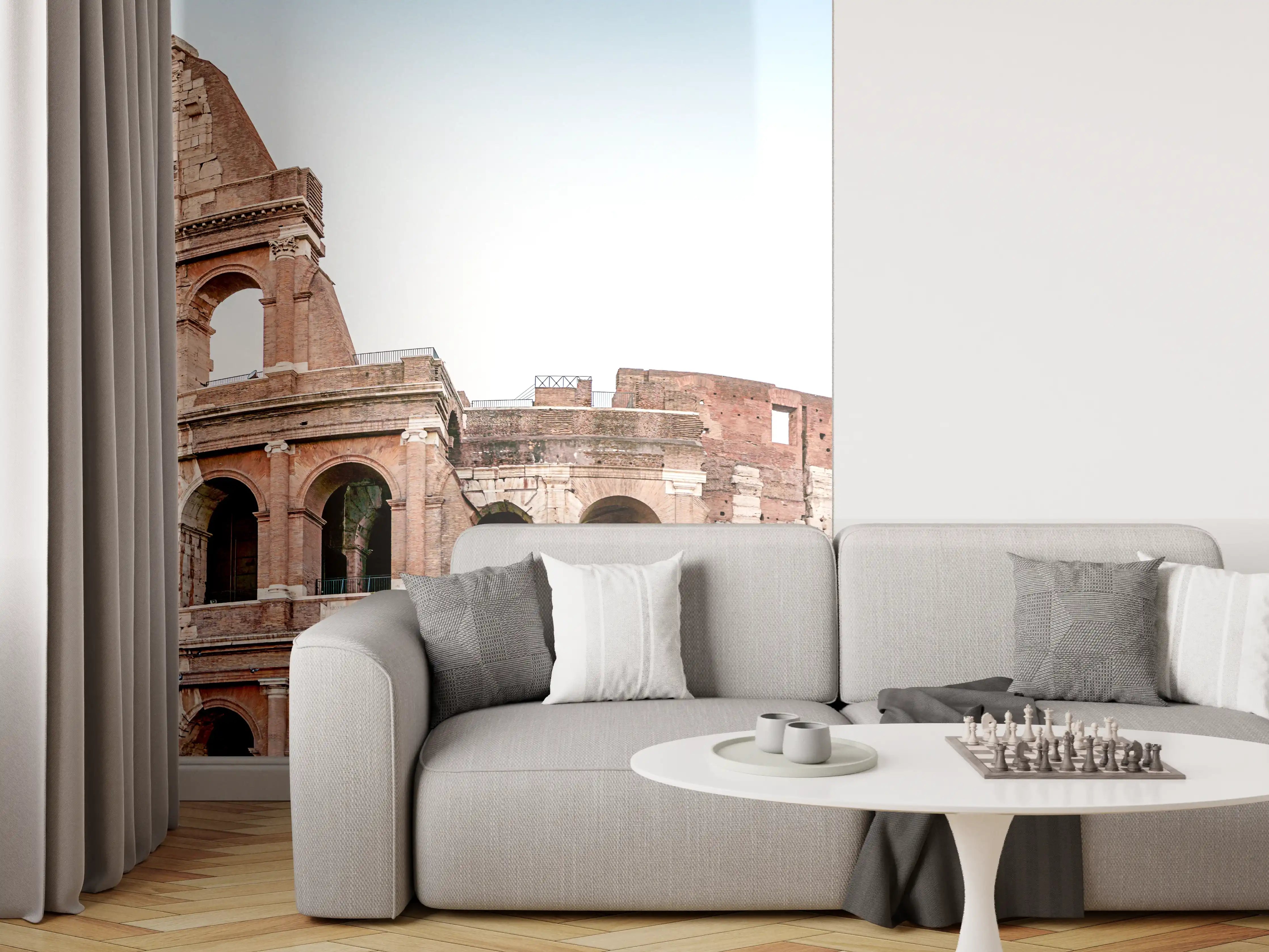 Wandverkleidung Wohnzimmer - Kolosseum Panorama Rom Beige-Blau