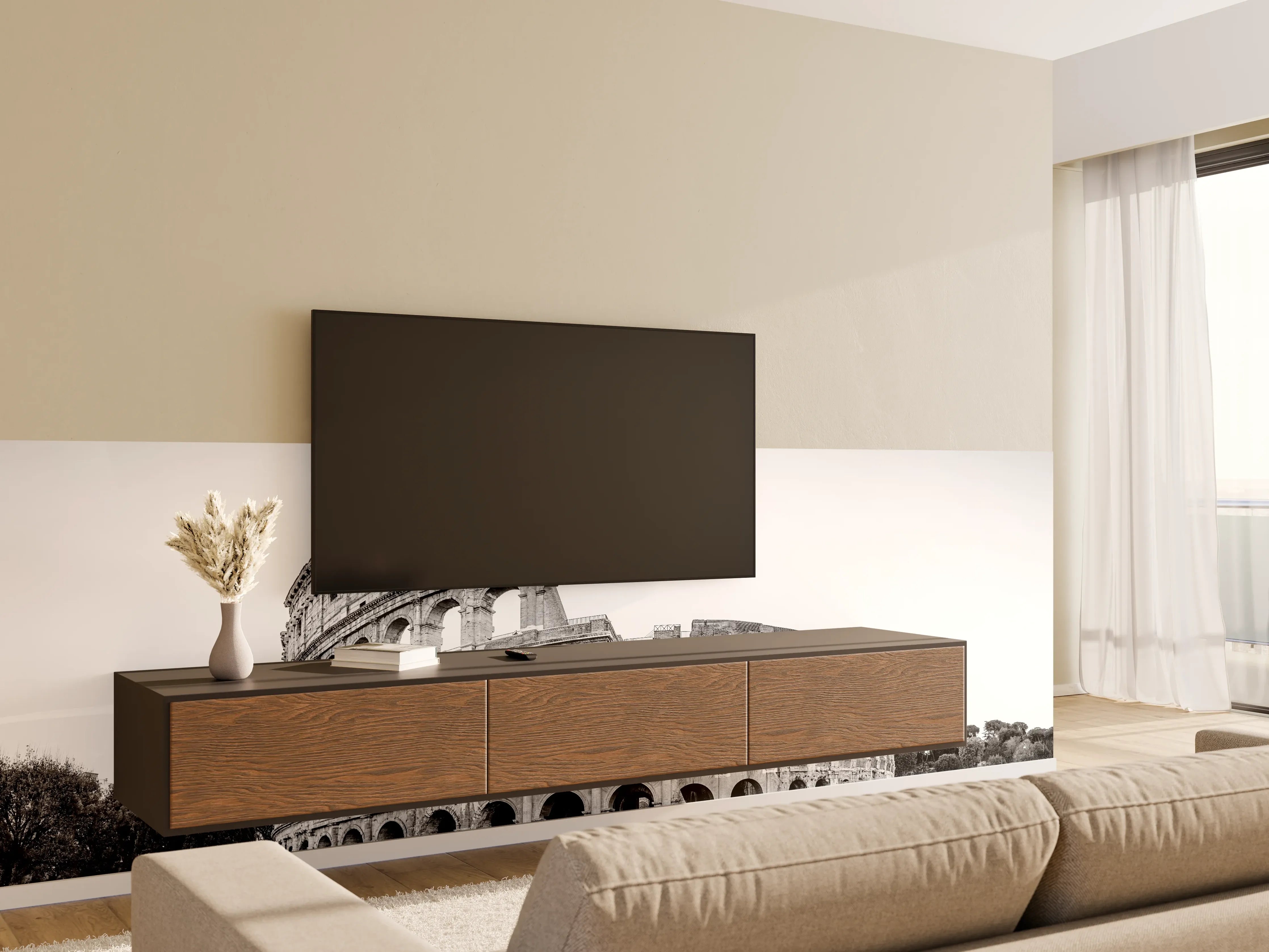 Wandverkleidung Wohnzimmer - Kolosseum Schwarz-Weiß Panorama