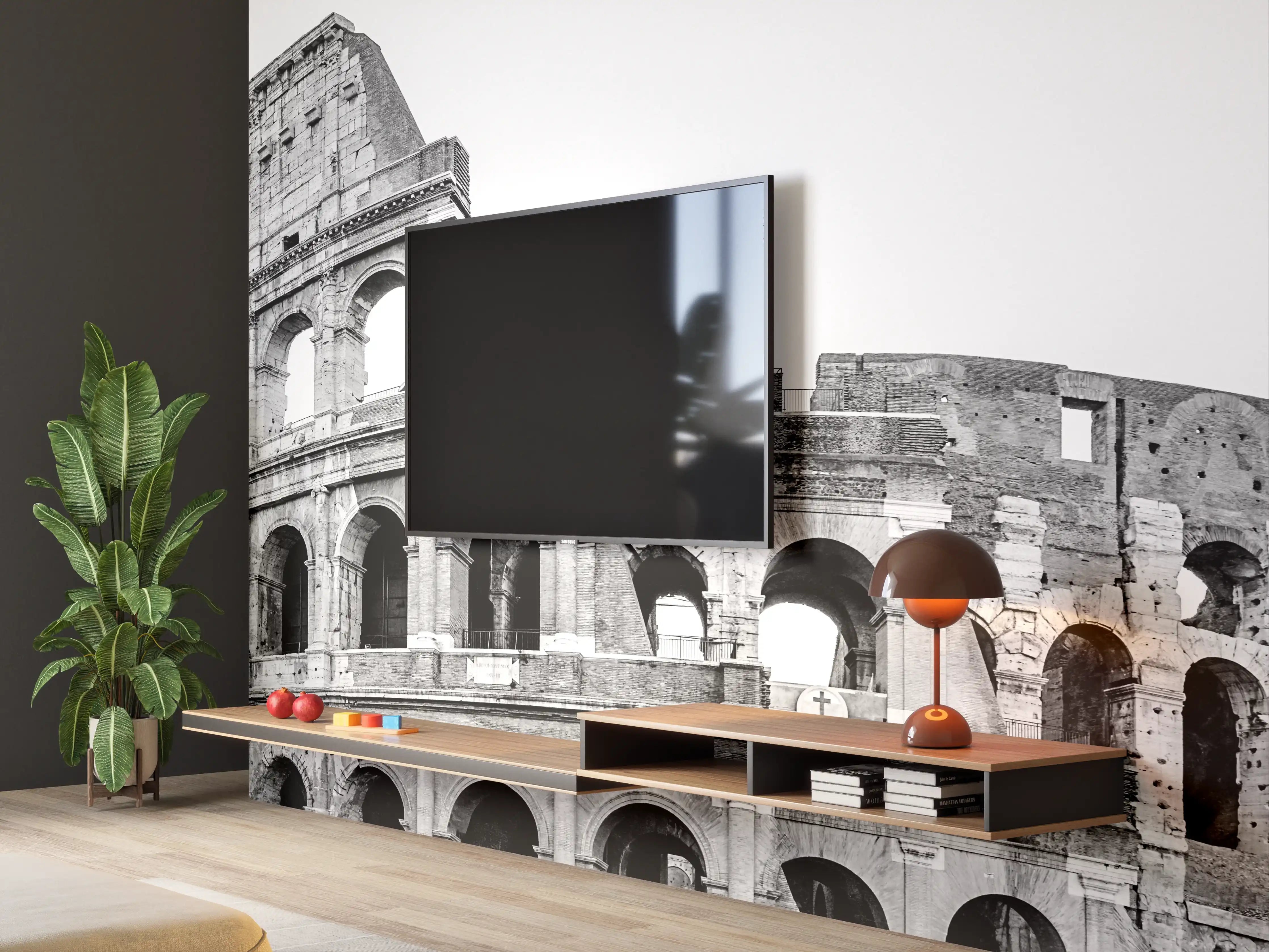 Wandverkleidung Wohnzimmer - Kolosseum Schwarz-Weiß Panorama