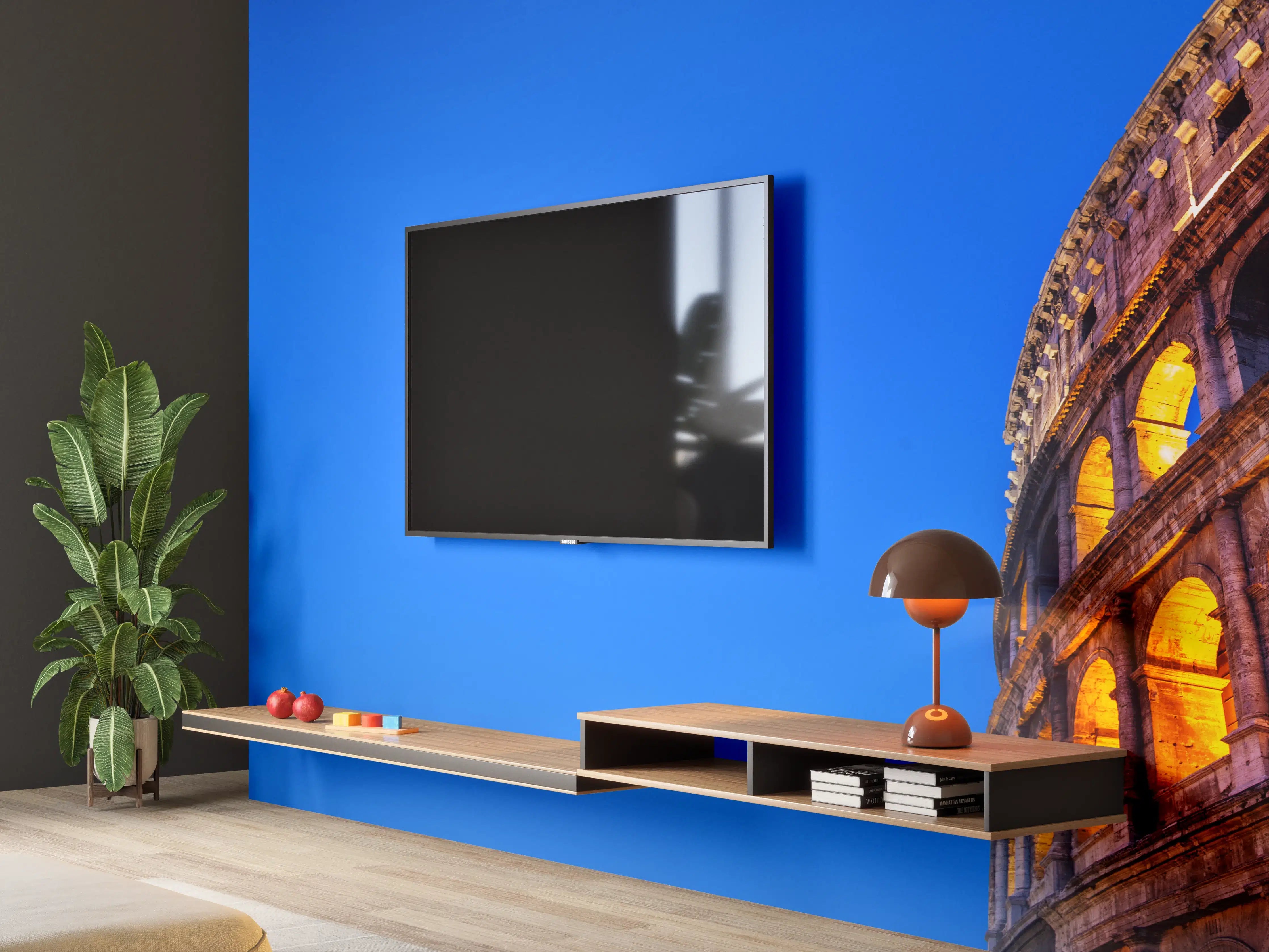 Wandverkleidung Wohnzimmer - Kolosseum bei Nacht Blau-Orange