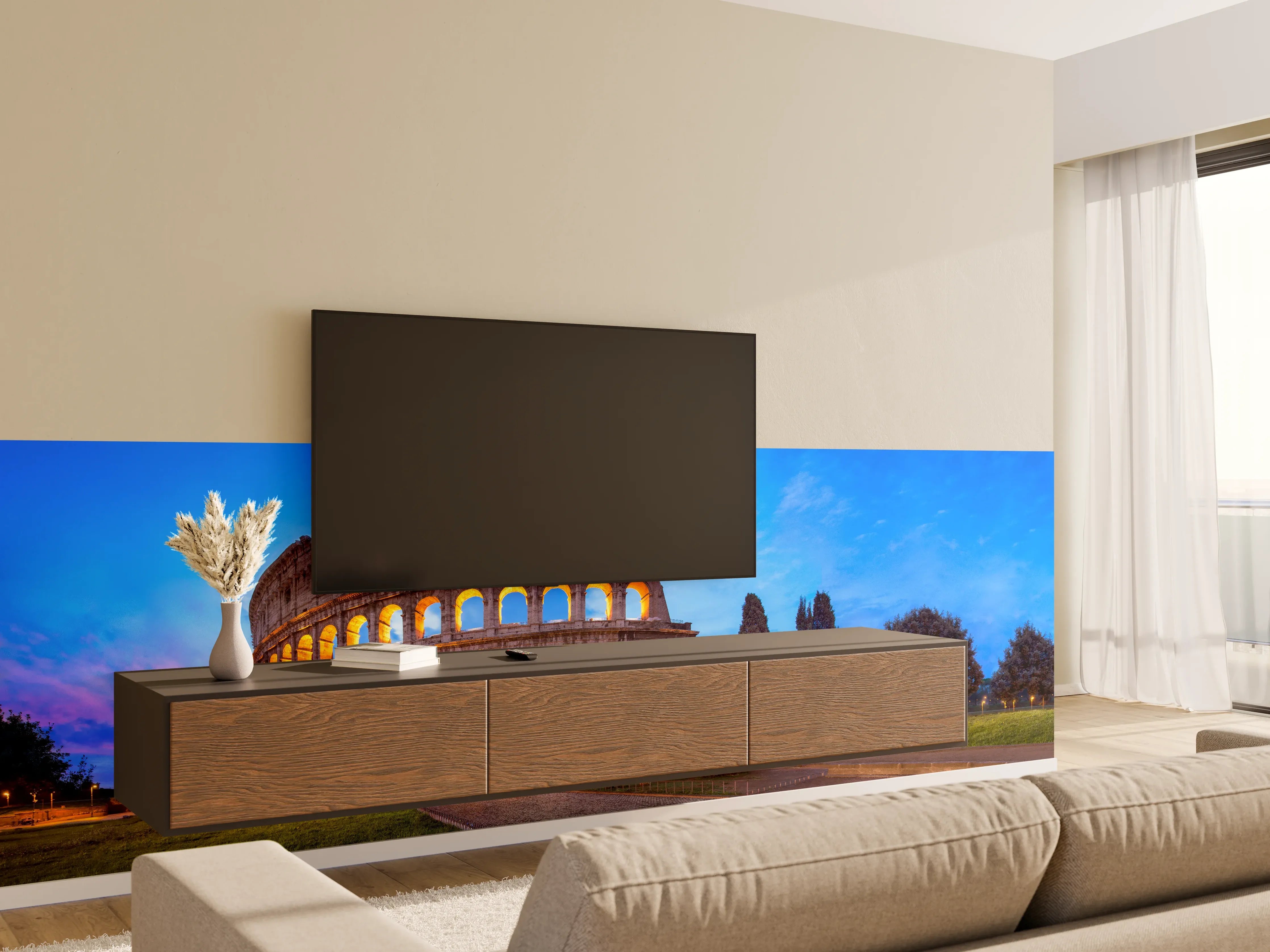 Wandverkleidung Wohnzimmer - Kolosseum in Rom Panorama bei Nacht