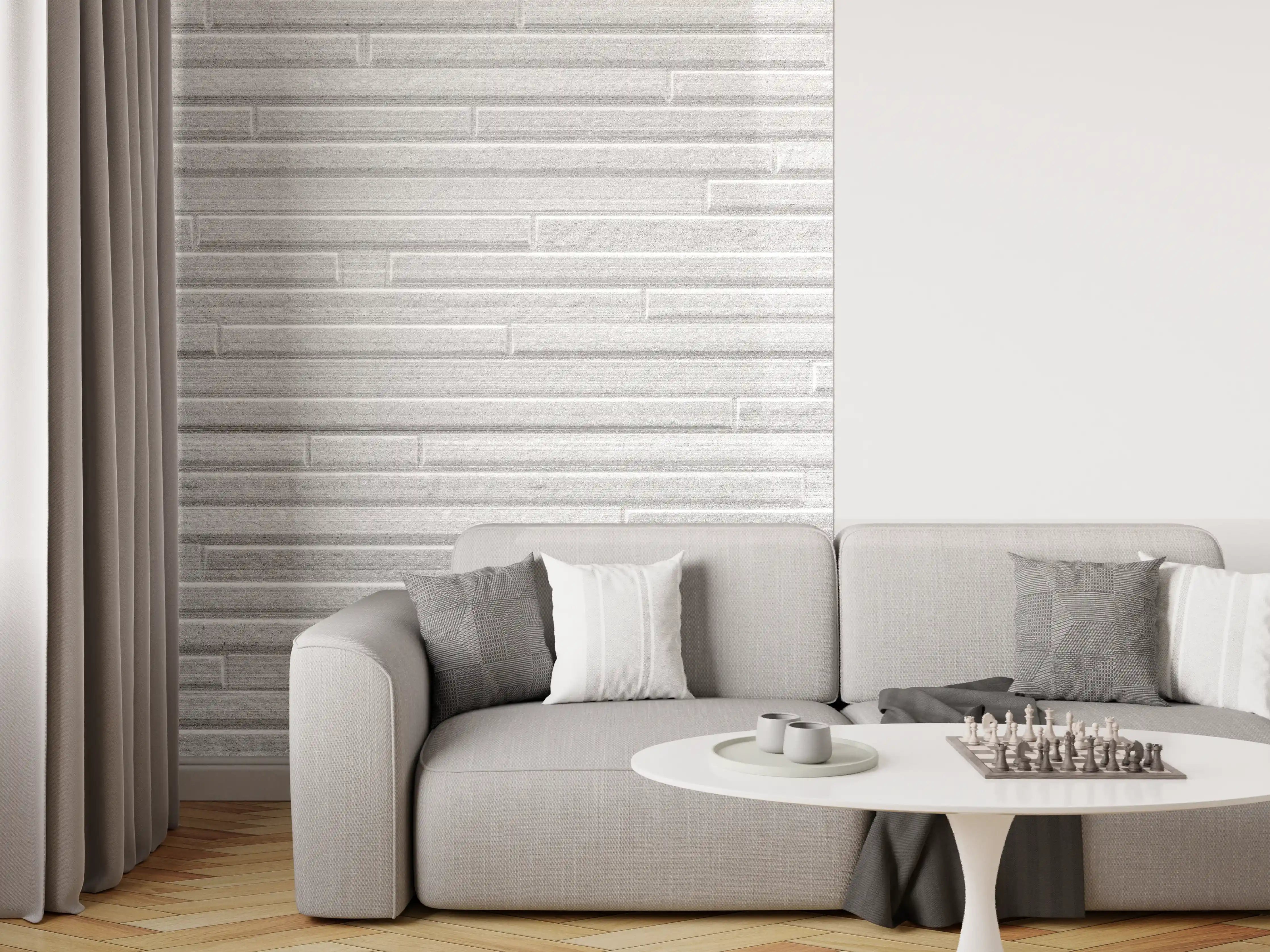 Wandverkleidung Wohnzimmer - Konstruktion der modernen weißen Steinwand