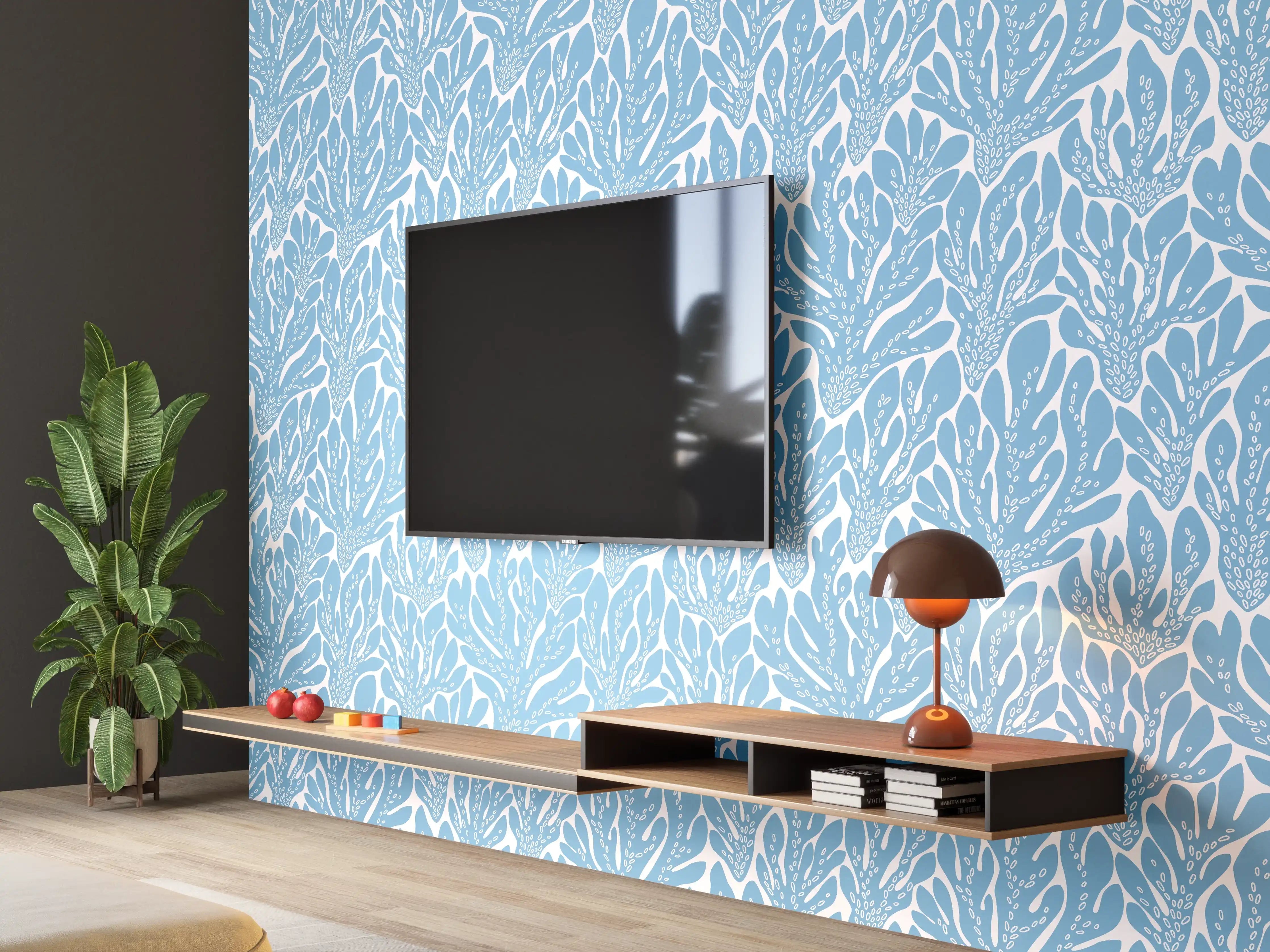 Wandverkleidung Wohnzimmer - Korallen-Abstract Blau-Weiß