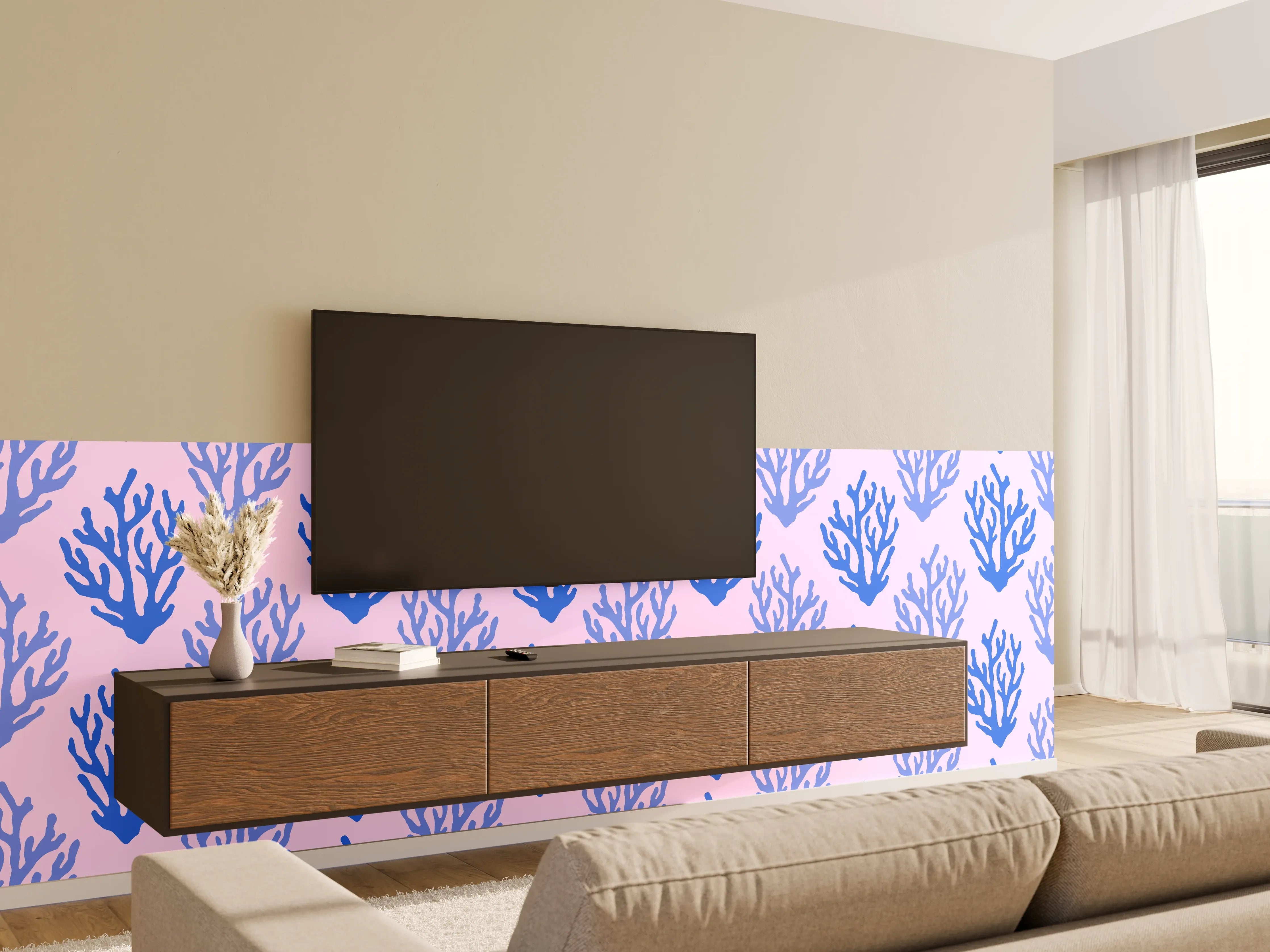 Wandverkleidung Wohnzimmer - Korallenmuster Blau-Rosa