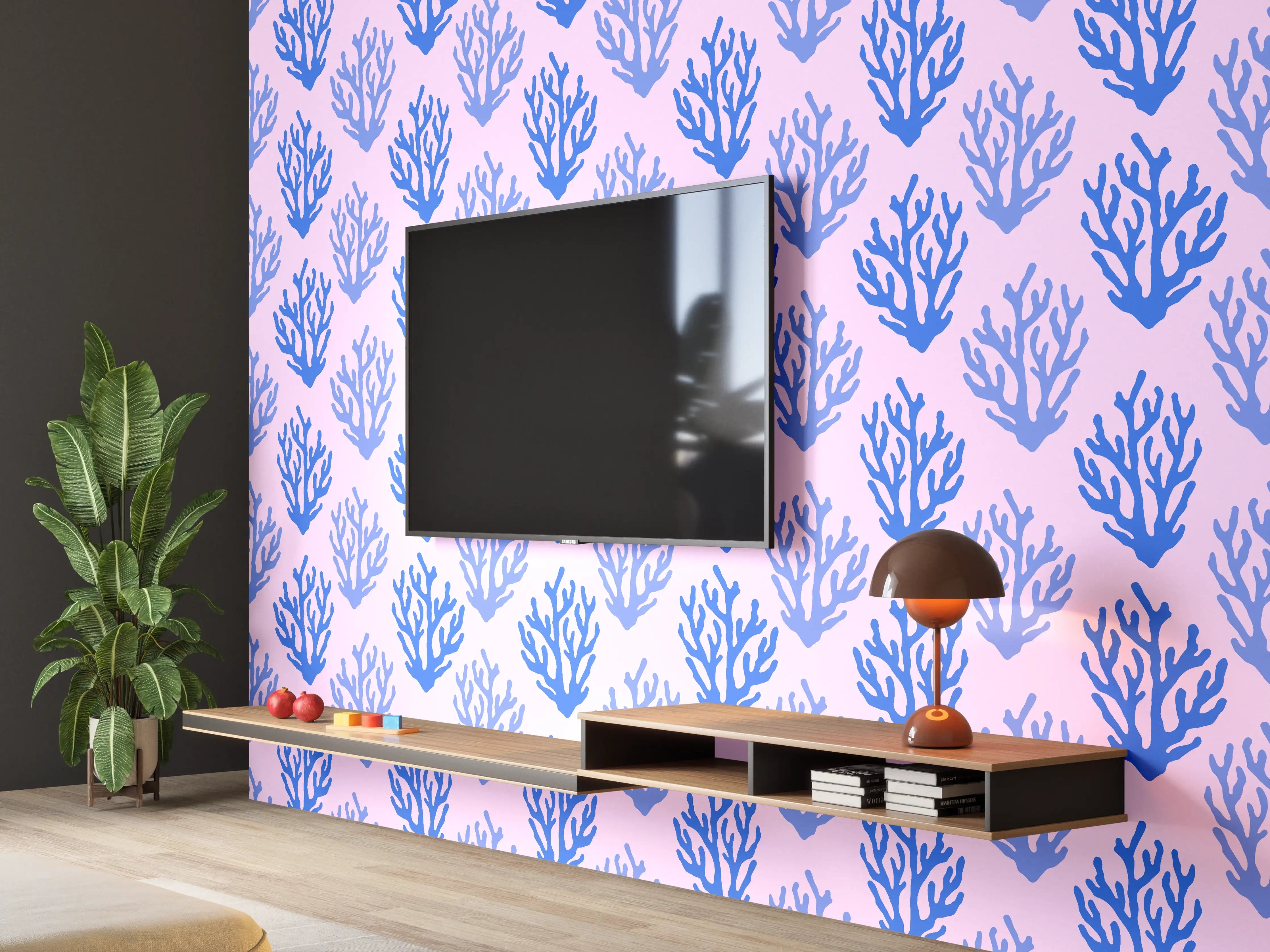 Wandverkleidung Wohnzimmer - Korallenmuster Blau-Rosa