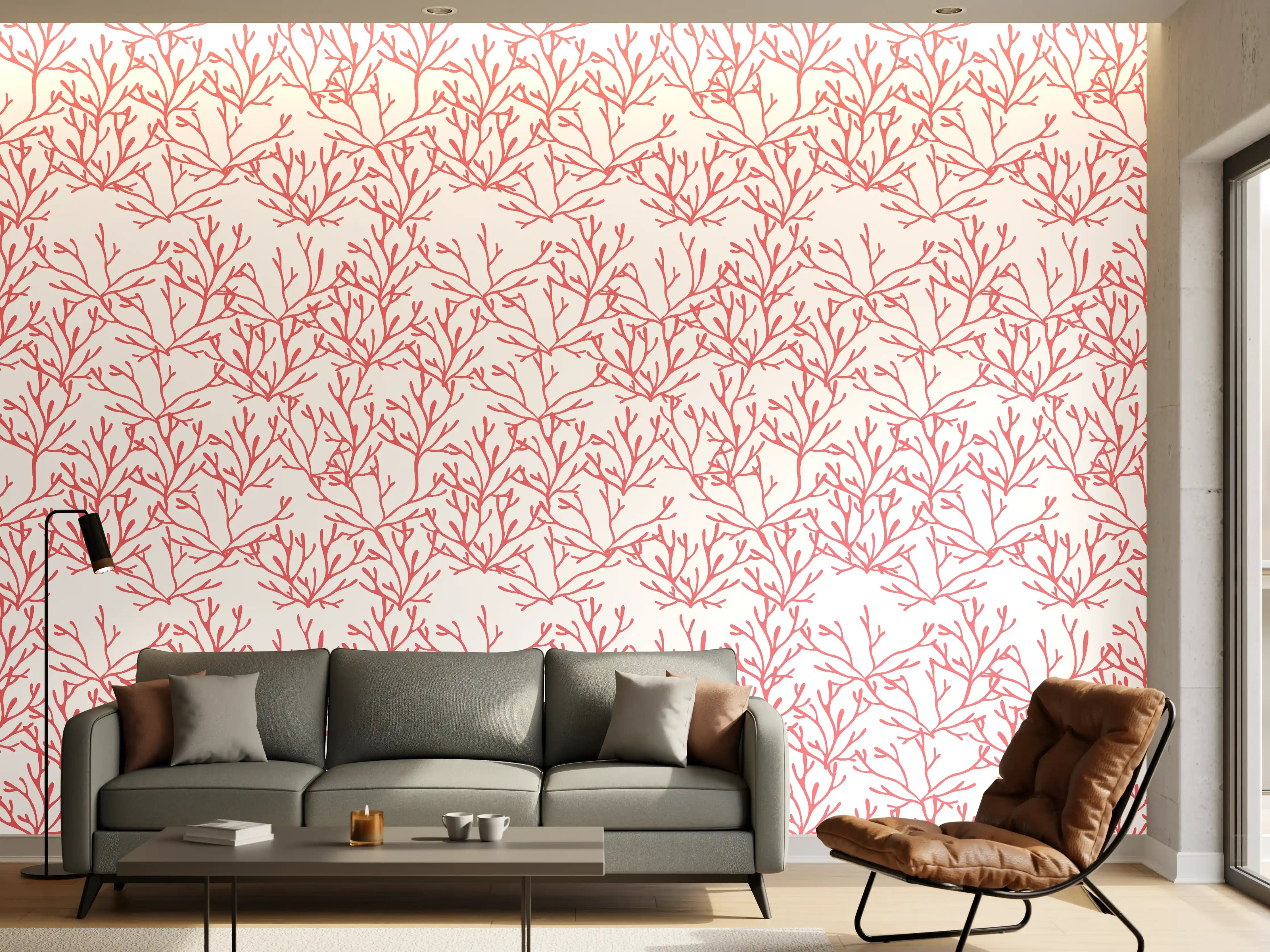 Wandverkleidung Wohnzimmer - Korallenmuster Rosa auf Weiß
