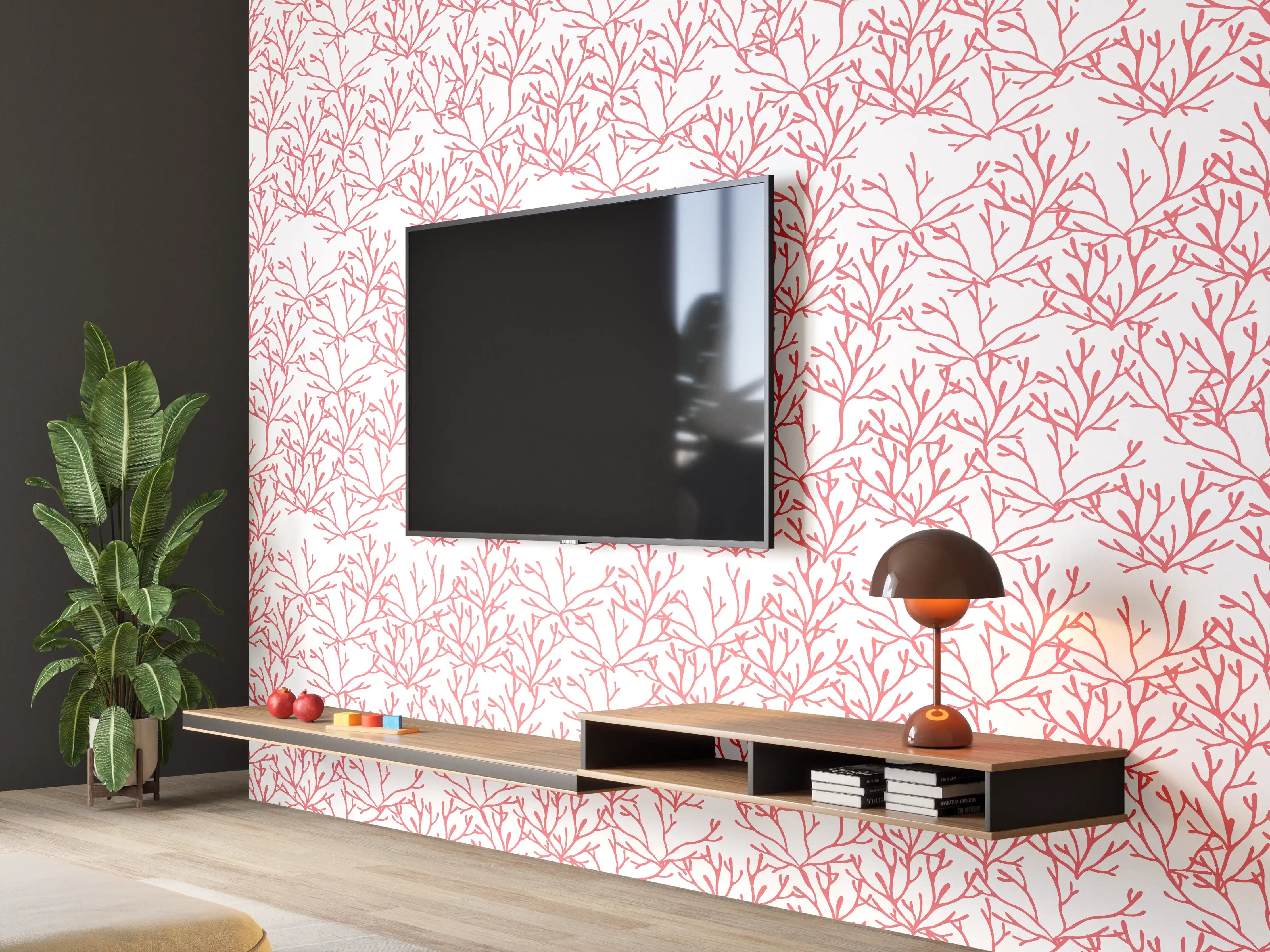 Wandverkleidung Wohnzimmer - Korallenmuster Rosa auf Weiß