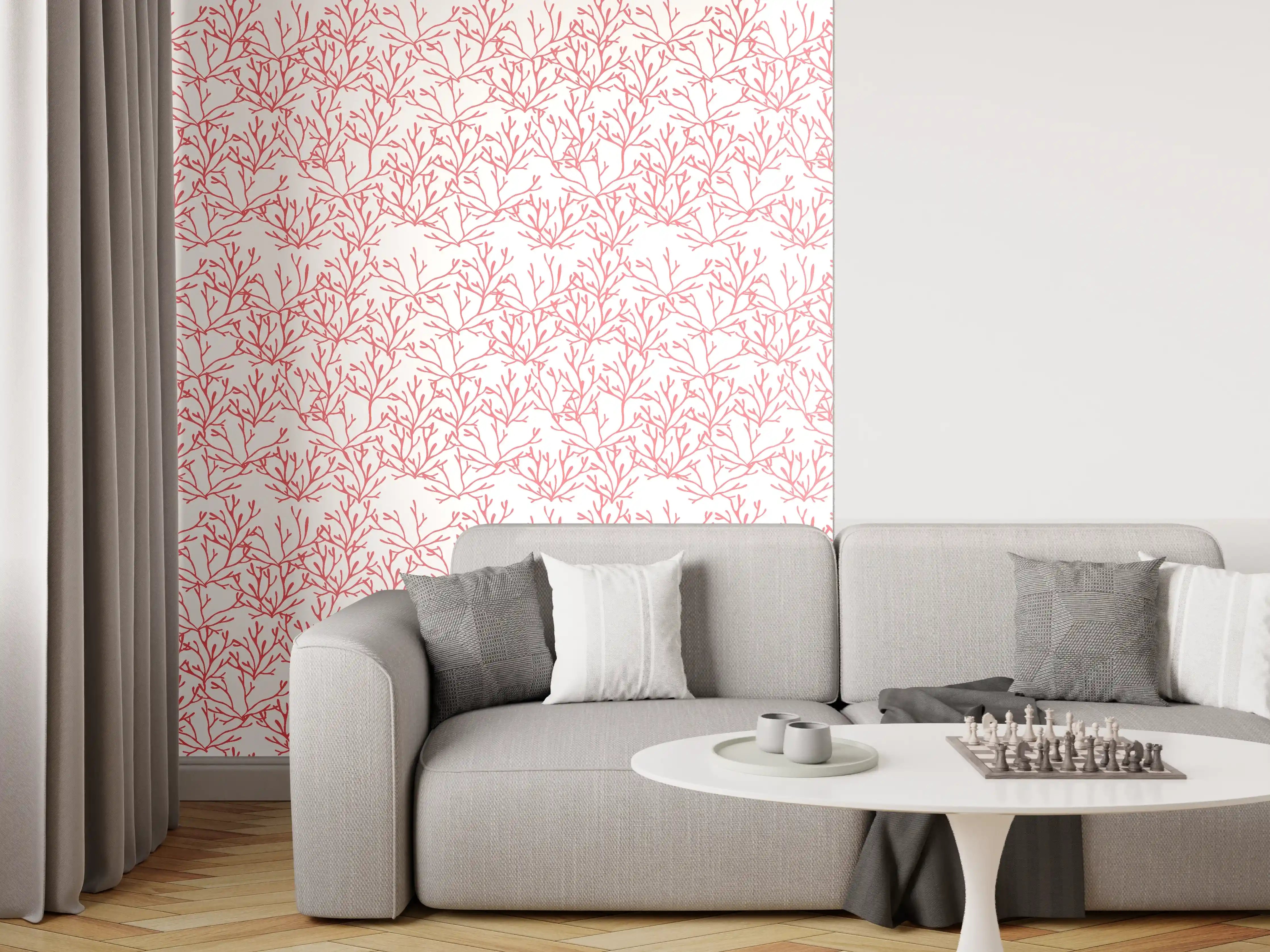 Wandverkleidung Wohnzimmer - Korallenmuster Rosa auf Weiß
