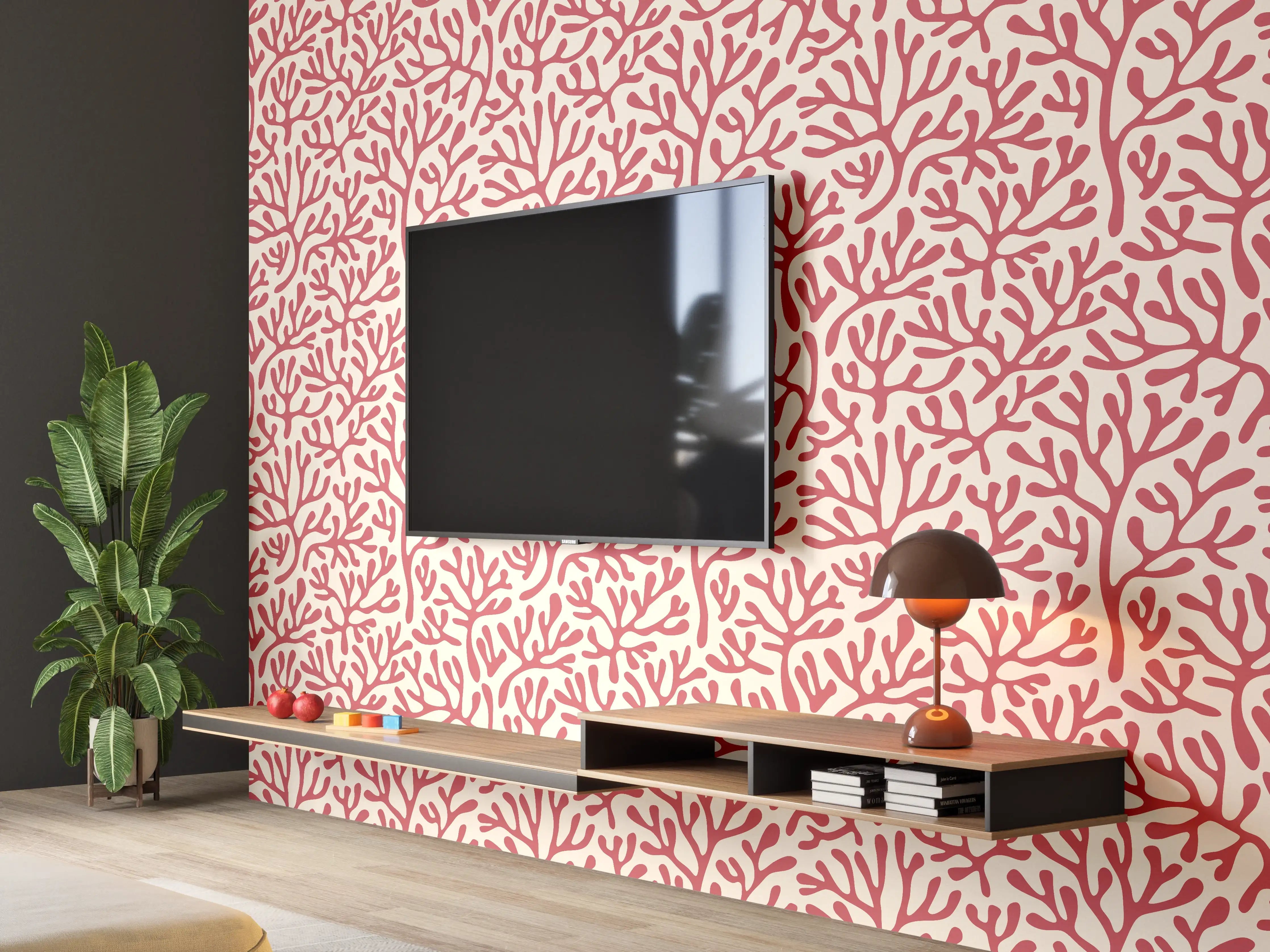 Wandverkleidung Wohnzimmer - Korallenmuster Rot-Beige