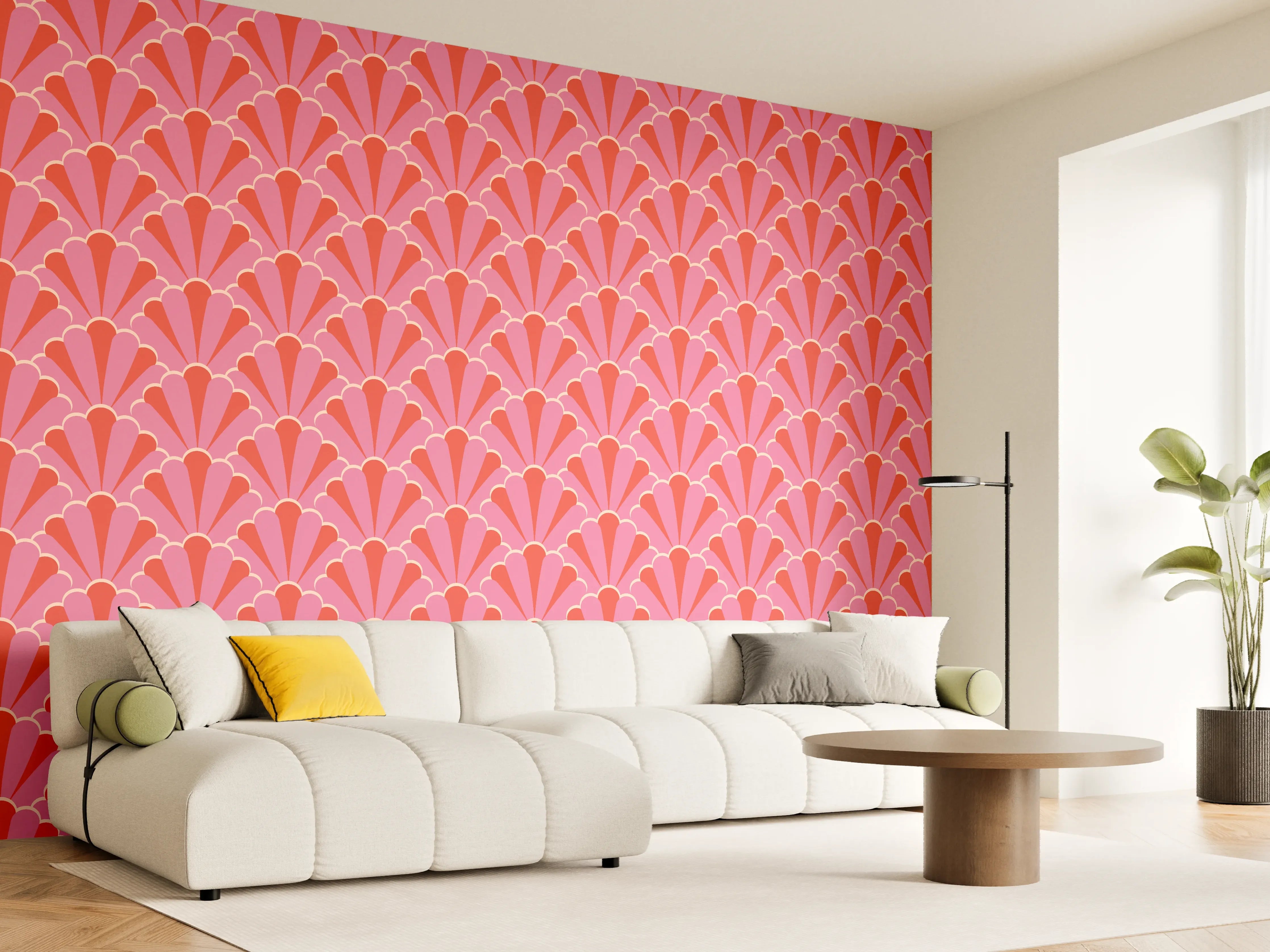 Wandverkleidung Wohnzimmer - Korallenrosa Muschel-Tapete