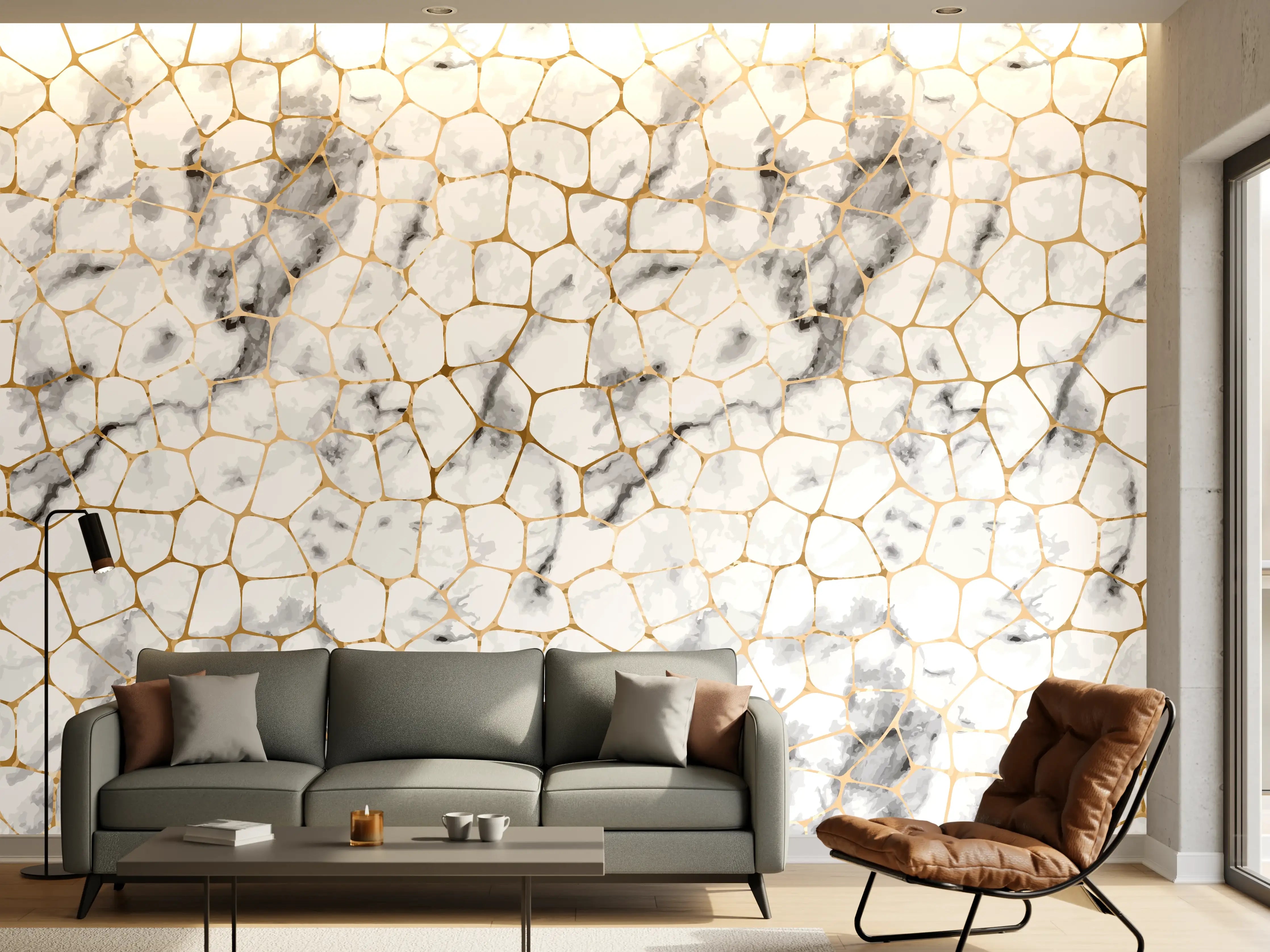 Wandverkleidung Wohnzimmer - Kühler Grauweiß mit Goldakzenten