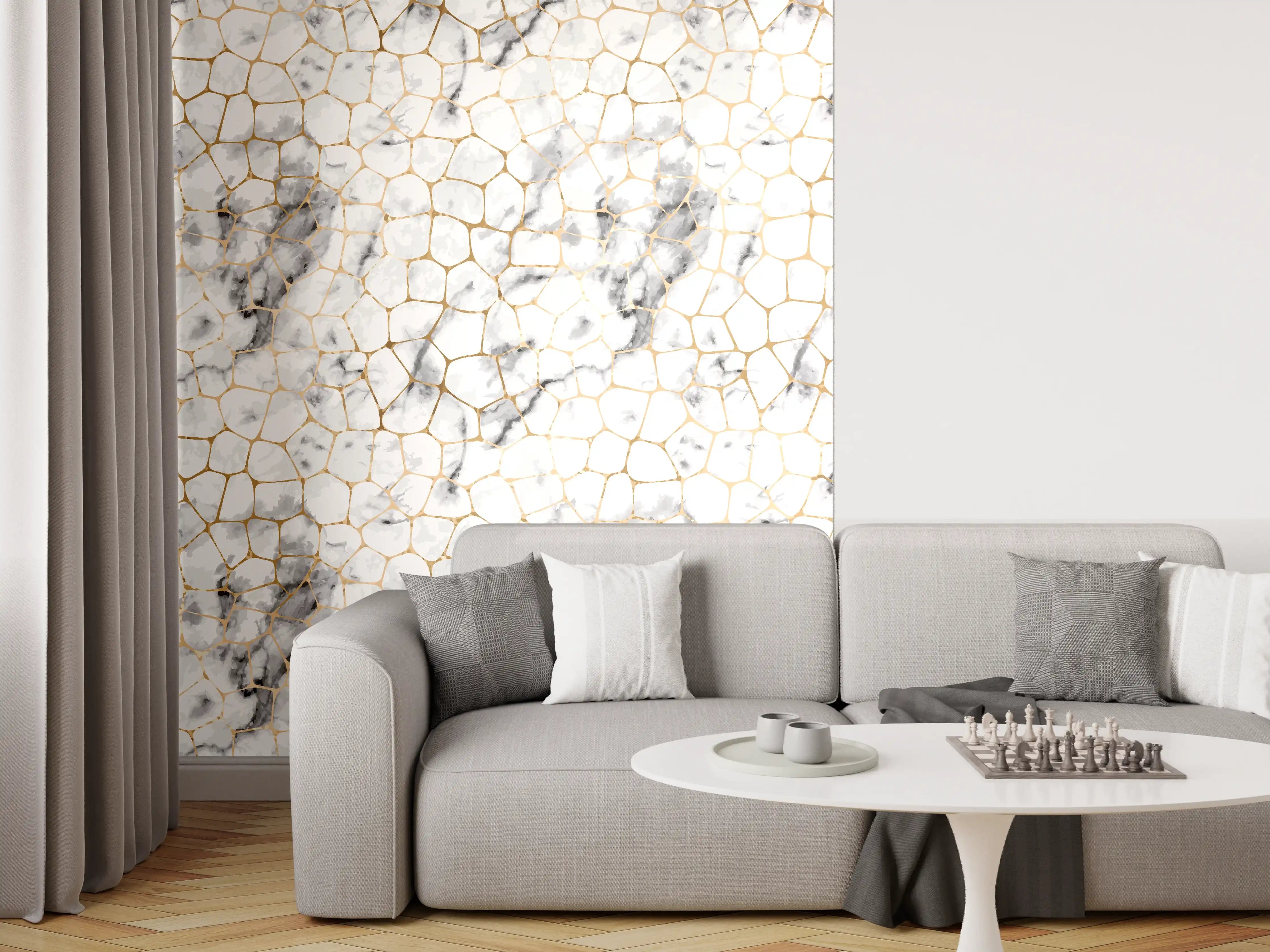 Wandverkleidung Wohnzimmer - Kühler Grauweiß mit Goldakzenten