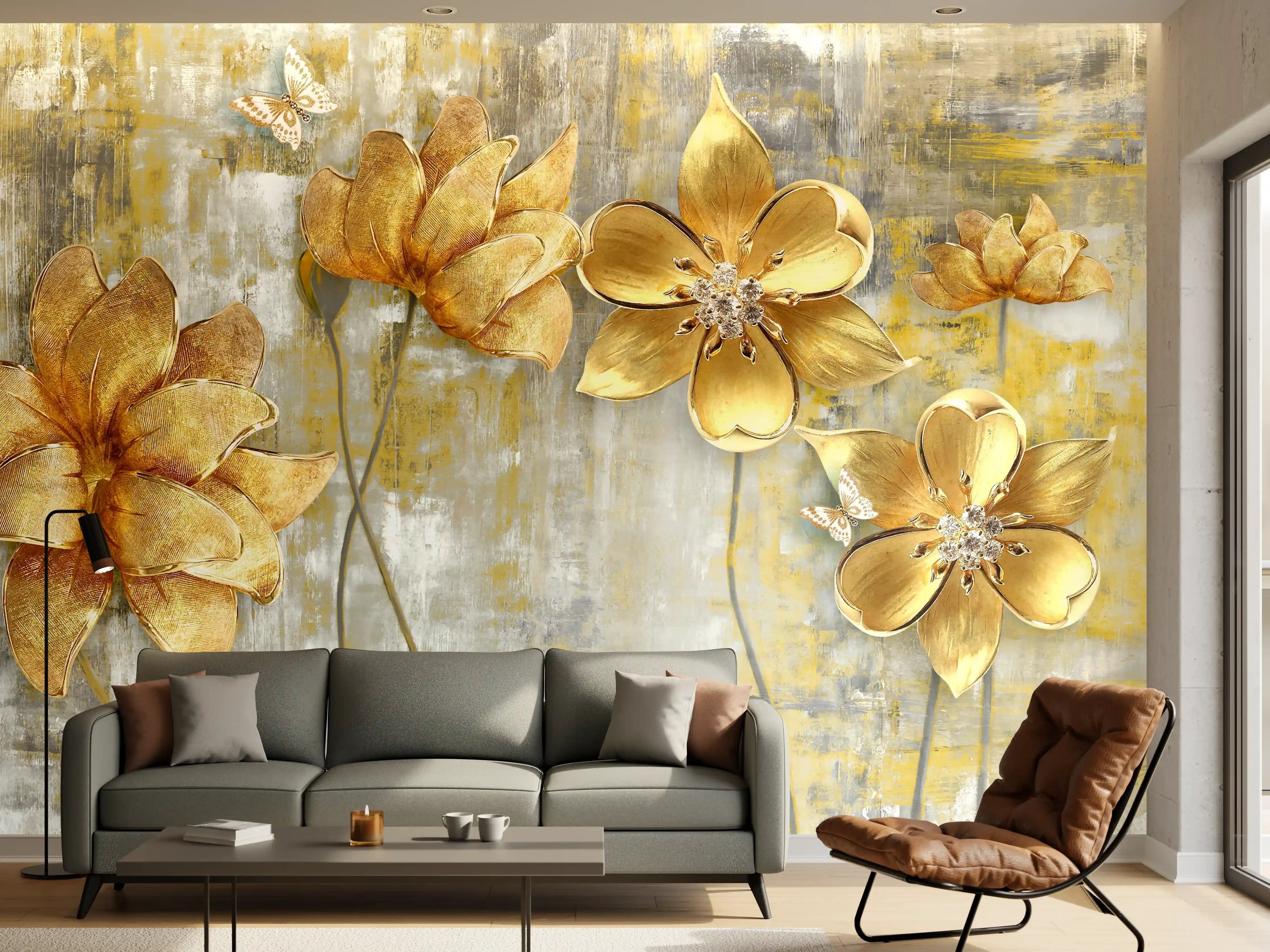 Wandverkleidung Wohnzimmer - Künstlerische Blattgold-Blumen
