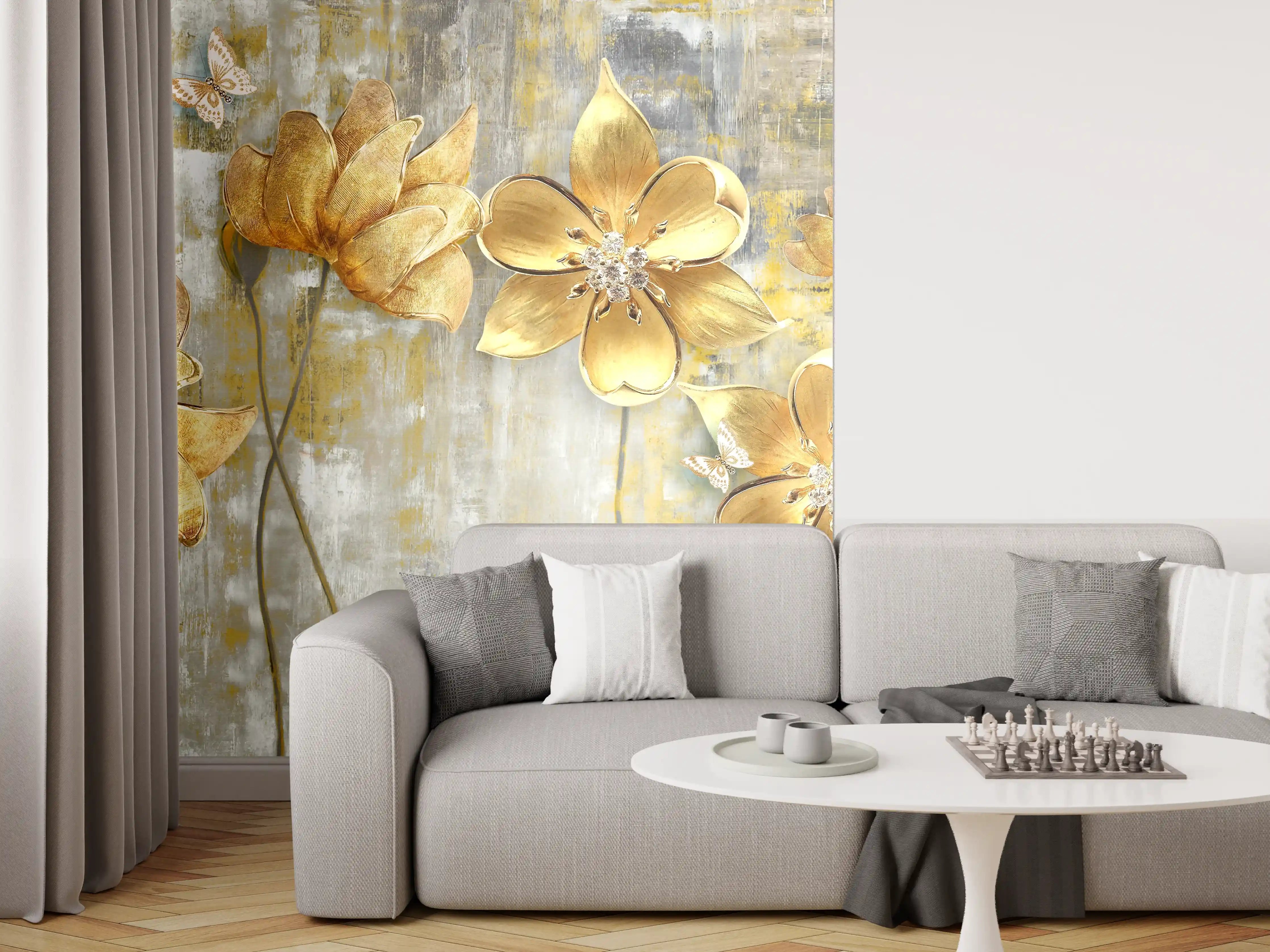 Wandverkleidung Wohnzimmer - Künstlerische Blattgold-Blumen
