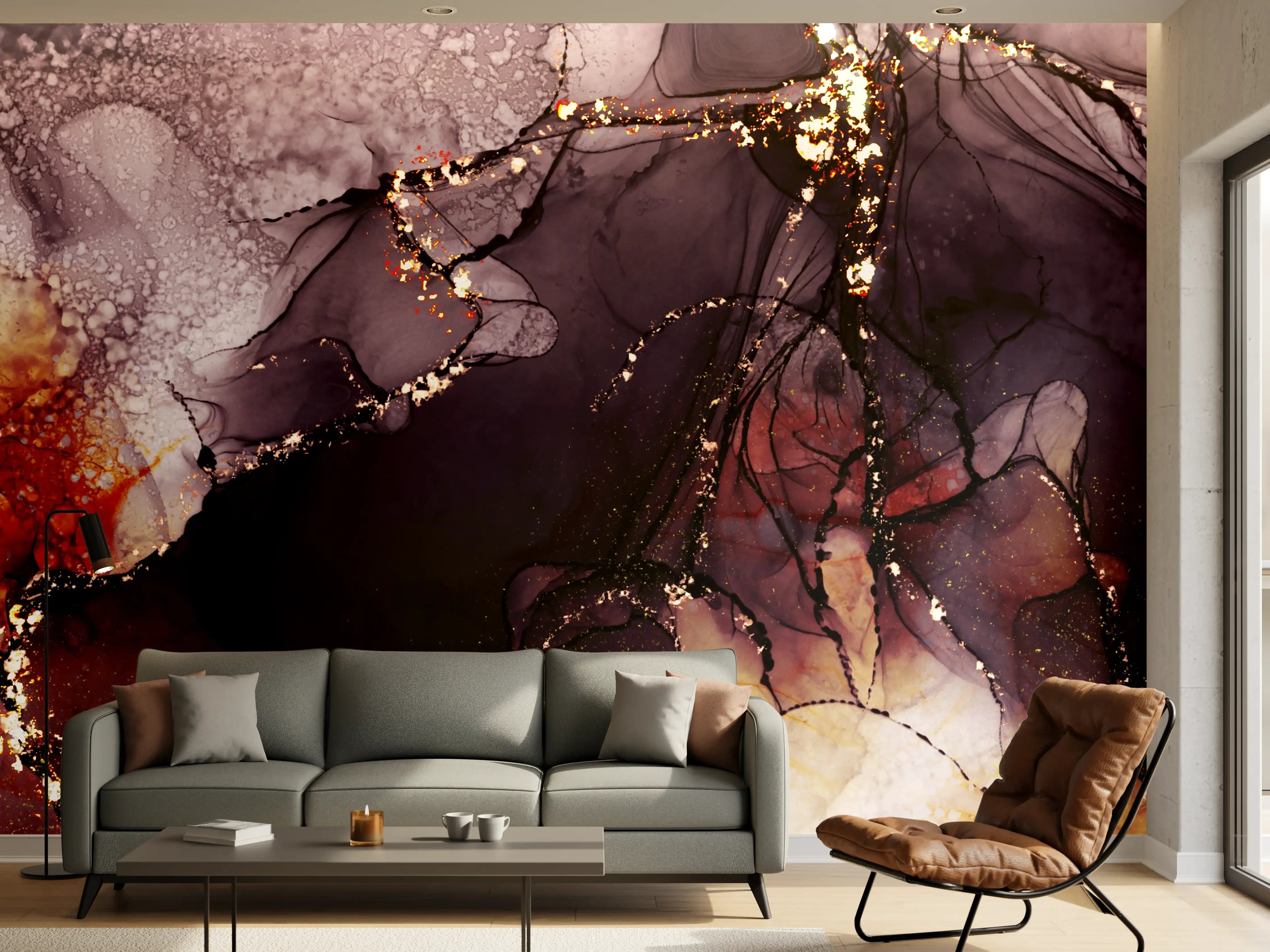 Wandverkleidung Wohnzimmer - Künstlerischer Alkohol-Tropfen-Design