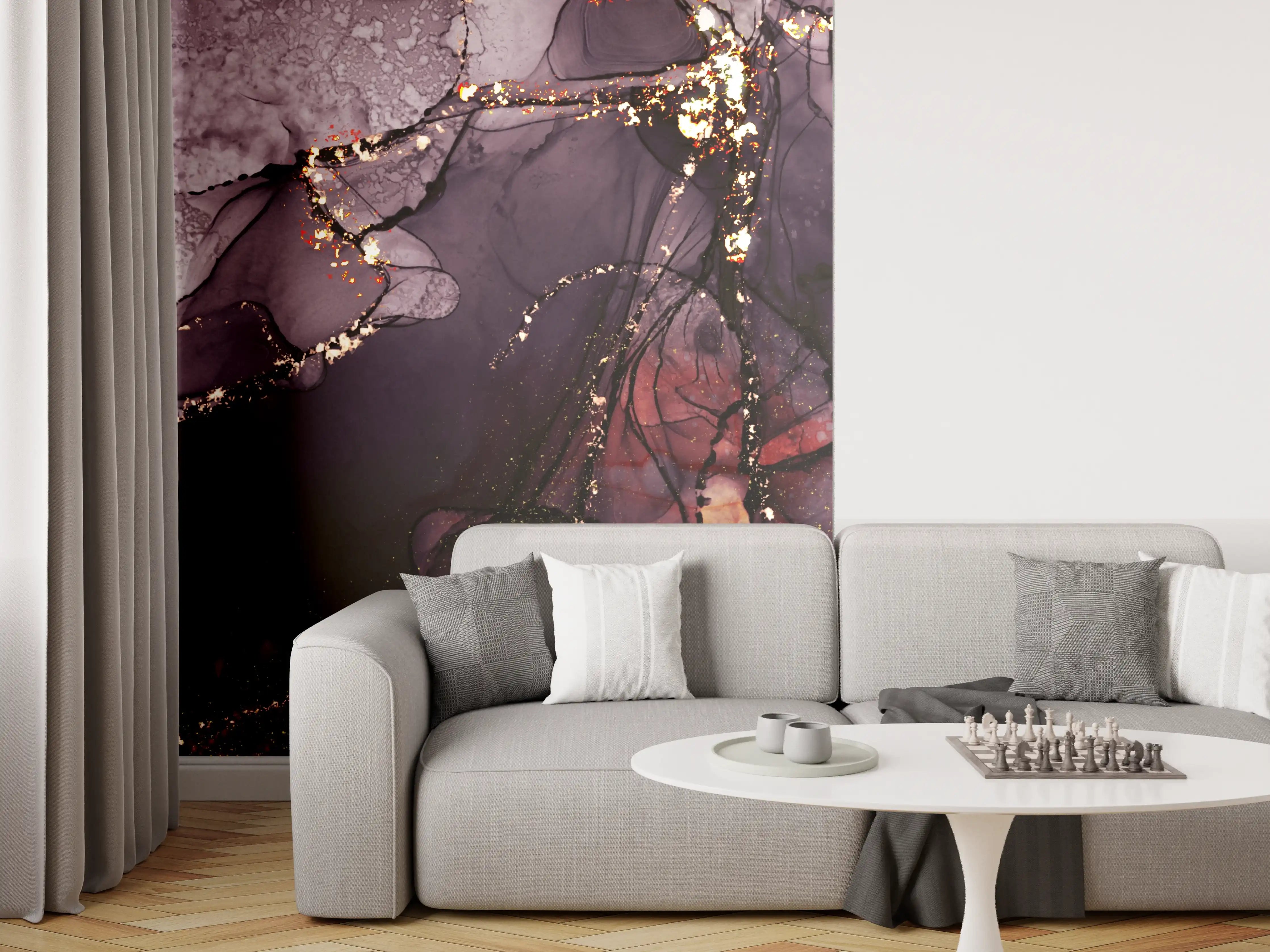 Wandverkleidung Wohnzimmer - Künstlerischer Alkohol-Tropfen-Design
