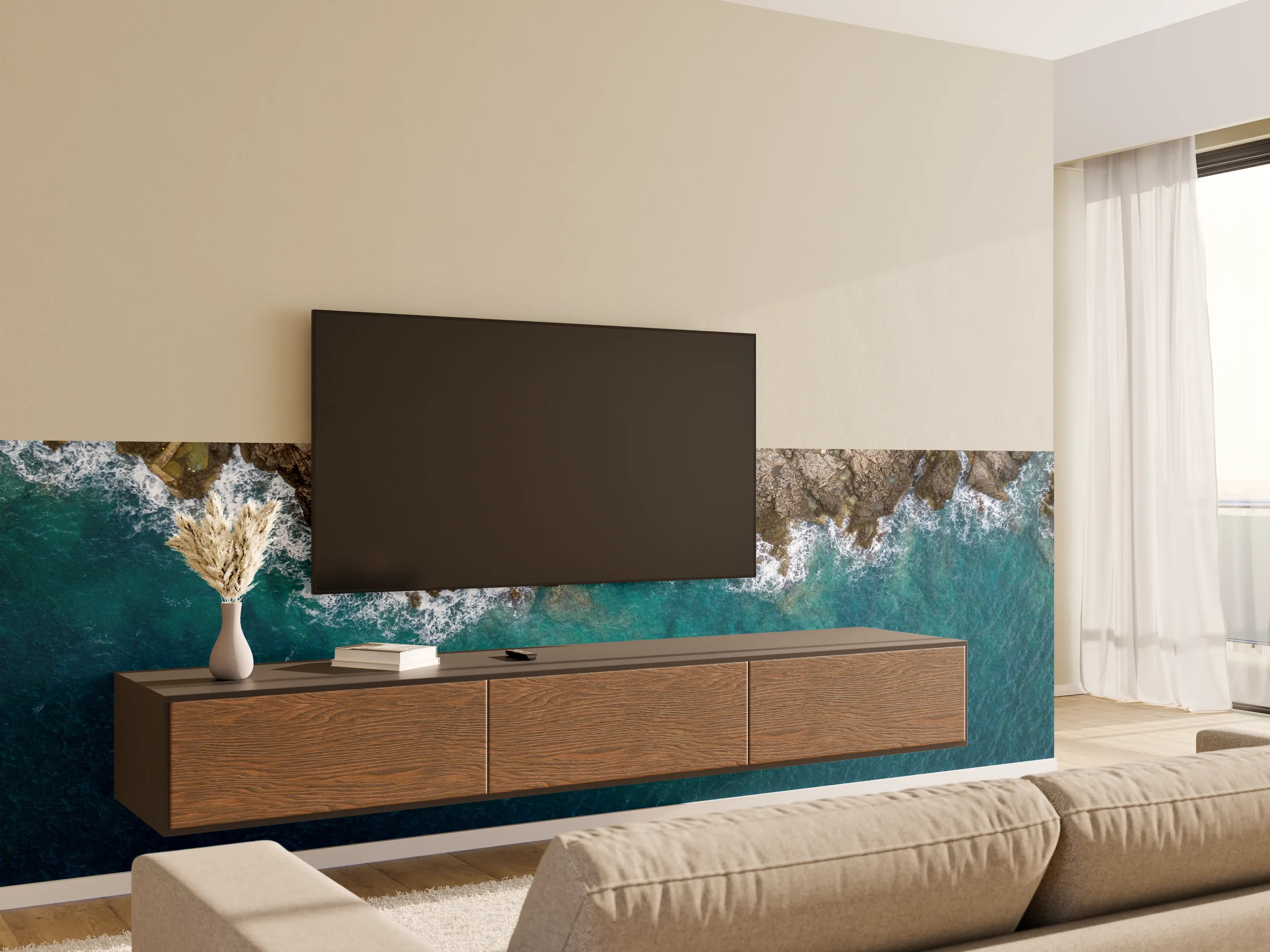 Wandverkleidung Wohnzimmer - Küstenfoto mit Felsen und Wasser