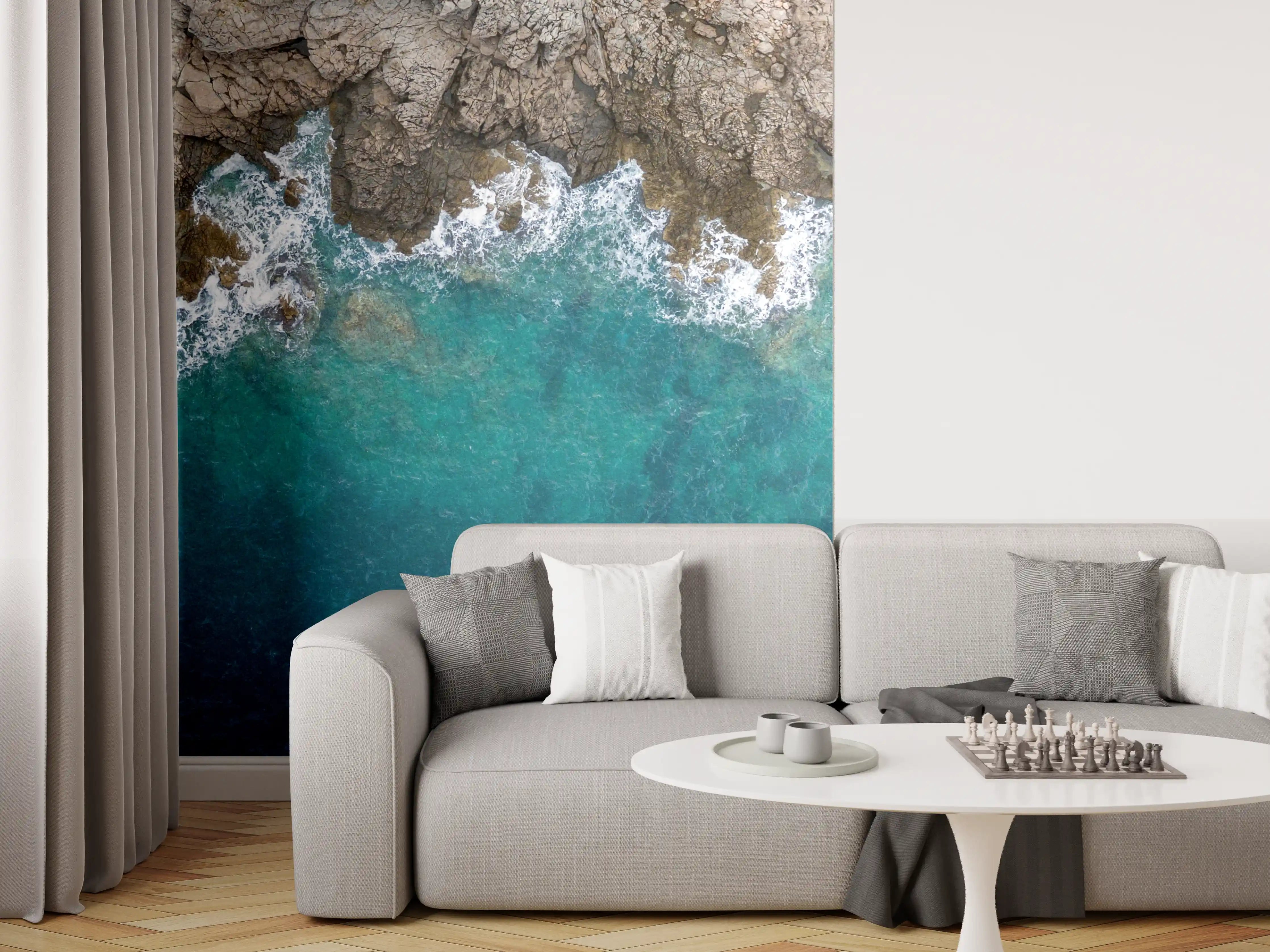Wandverkleidung Wohnzimmer - Küstenfoto mit Felsen und Wasser