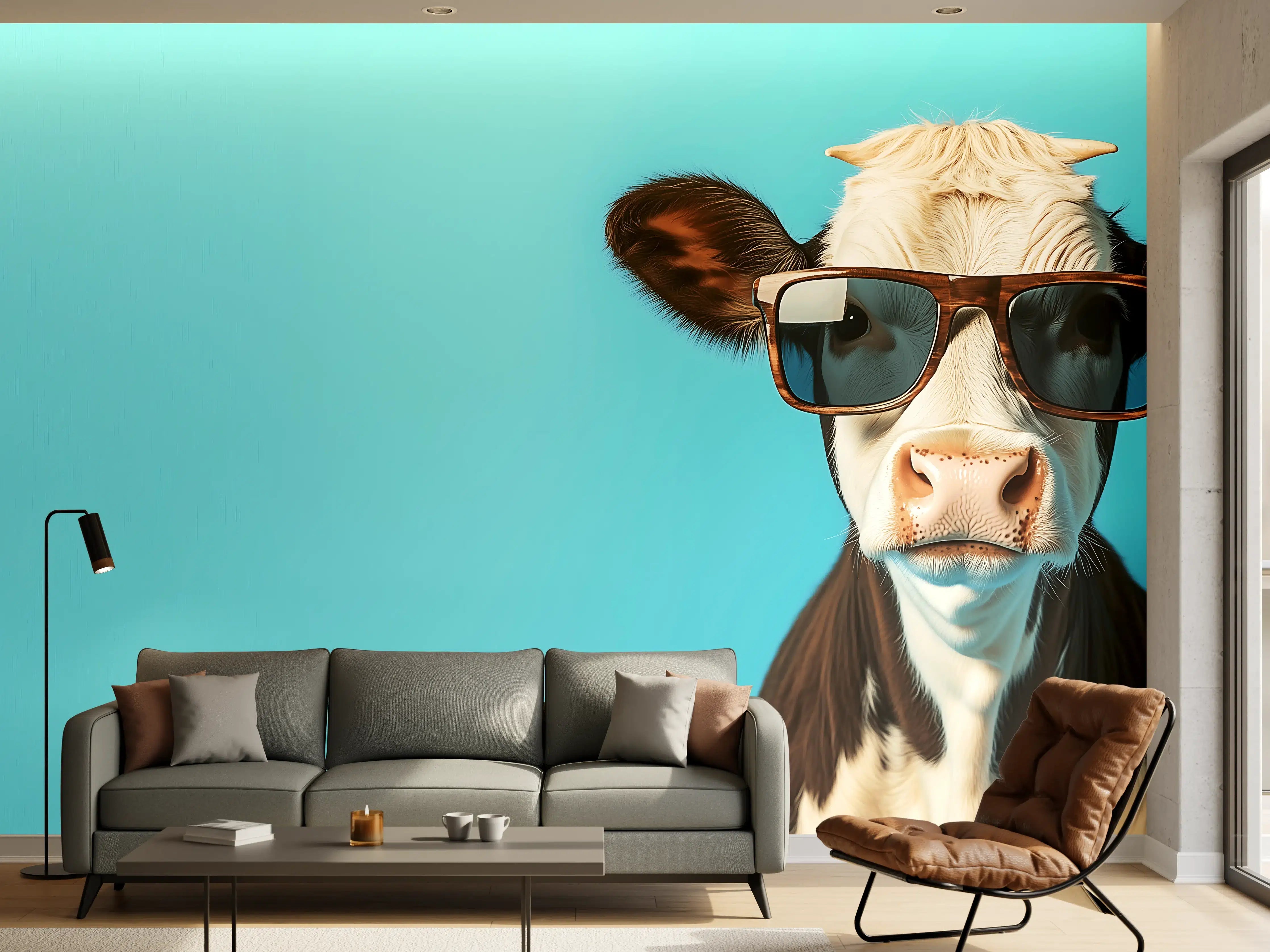 Wandverkleidung Wohnzimmer - Kuh mit Sonnenbrille, Türkis