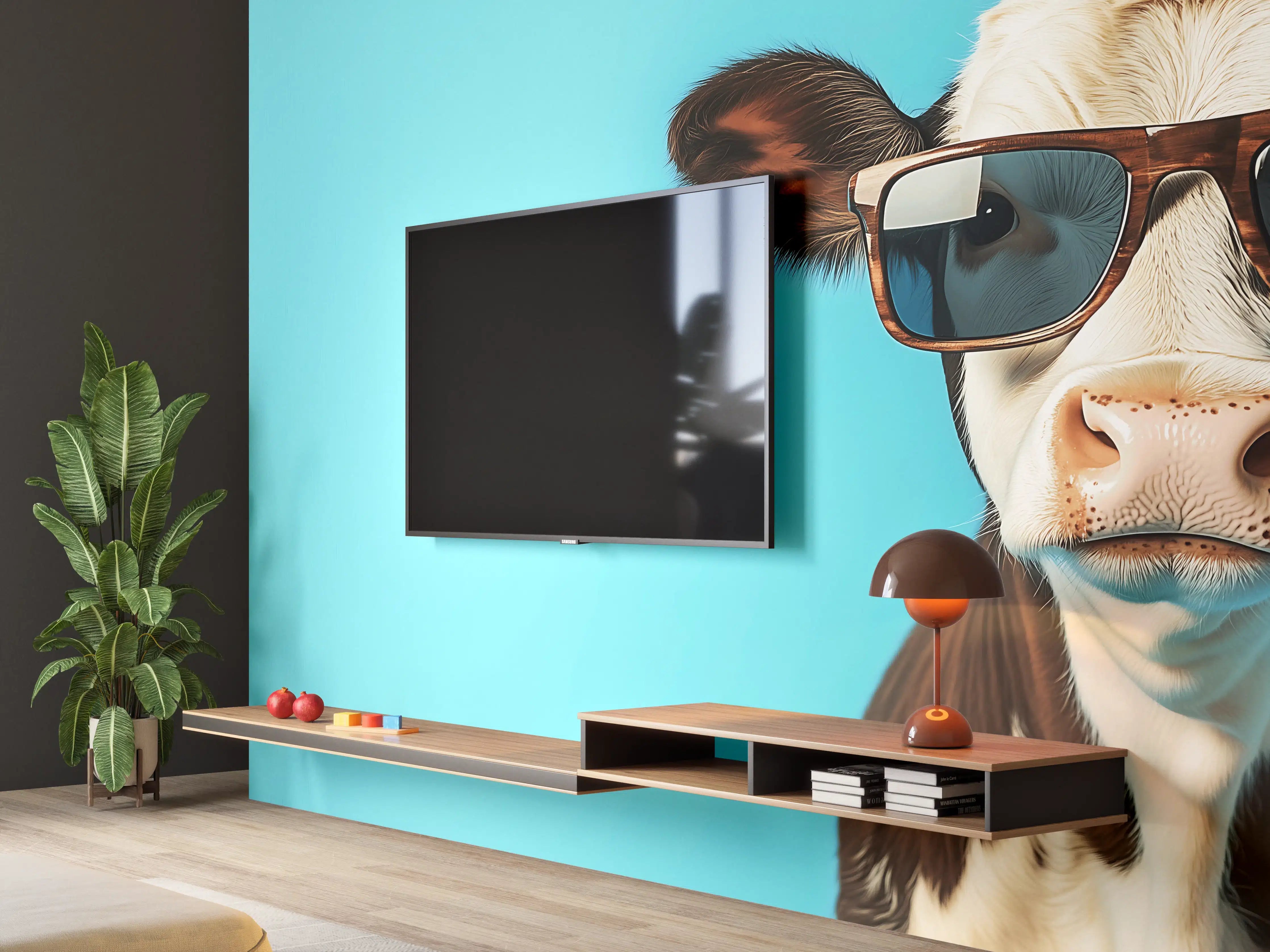 Wandverkleidung Wohnzimmer - Kuh mit Sonnenbrille, Türkis