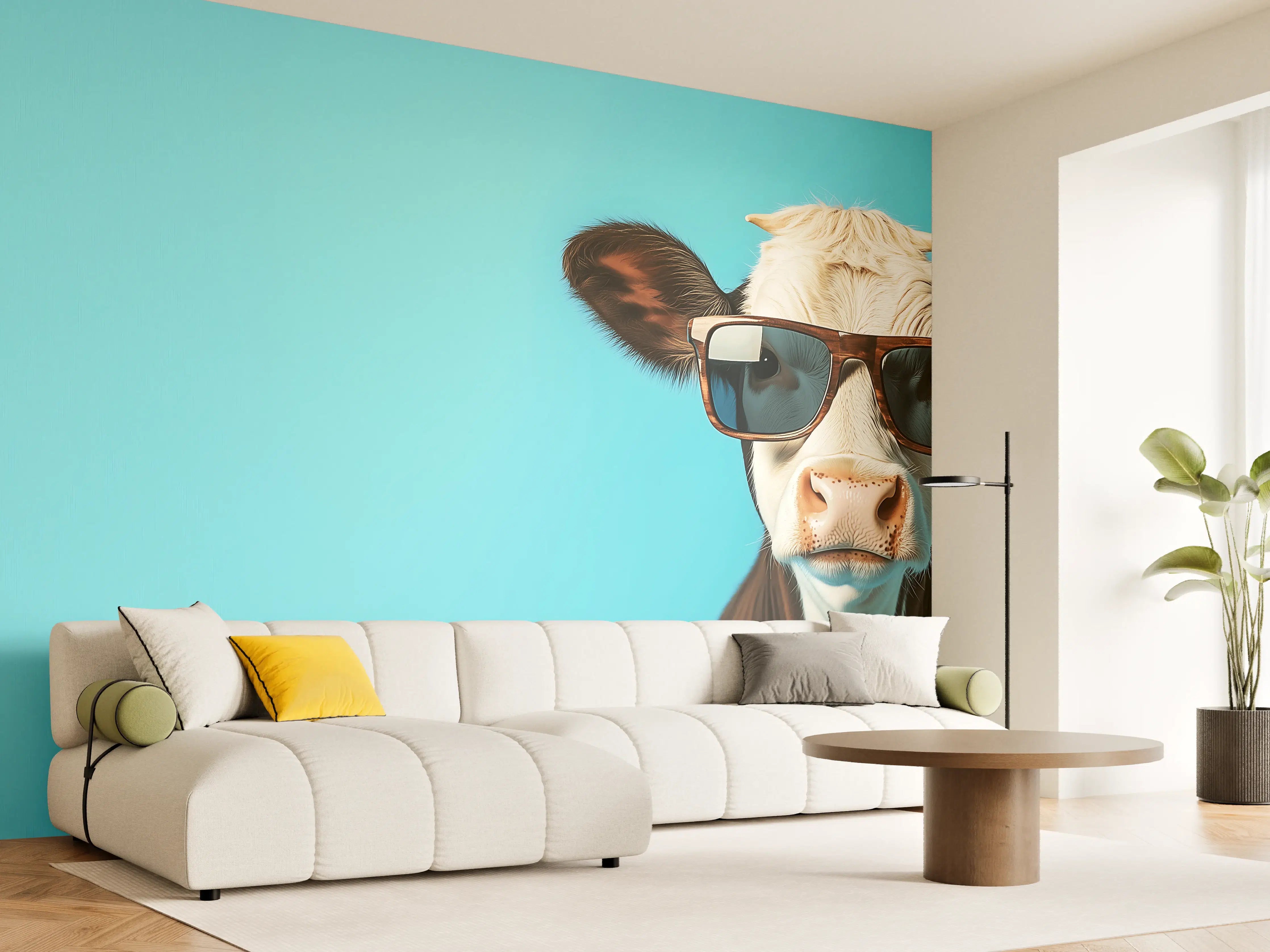 Wandverkleidung Wohnzimmer - Kuh mit Sonnenbrille, Türkis
