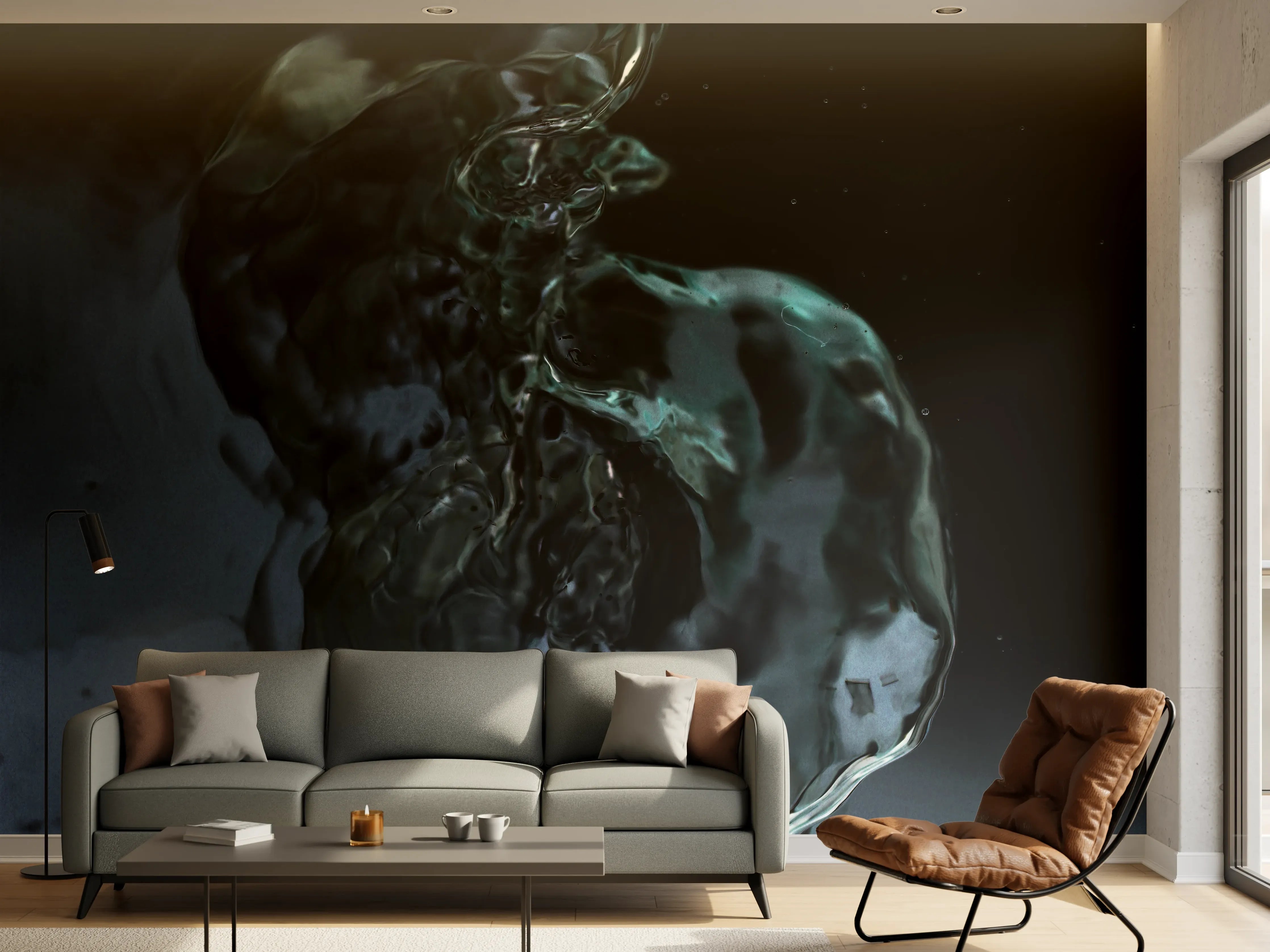 Wandverkleidung Wohnzimmer - Kunstvolle Wasserreflexion in Dunkelheit
