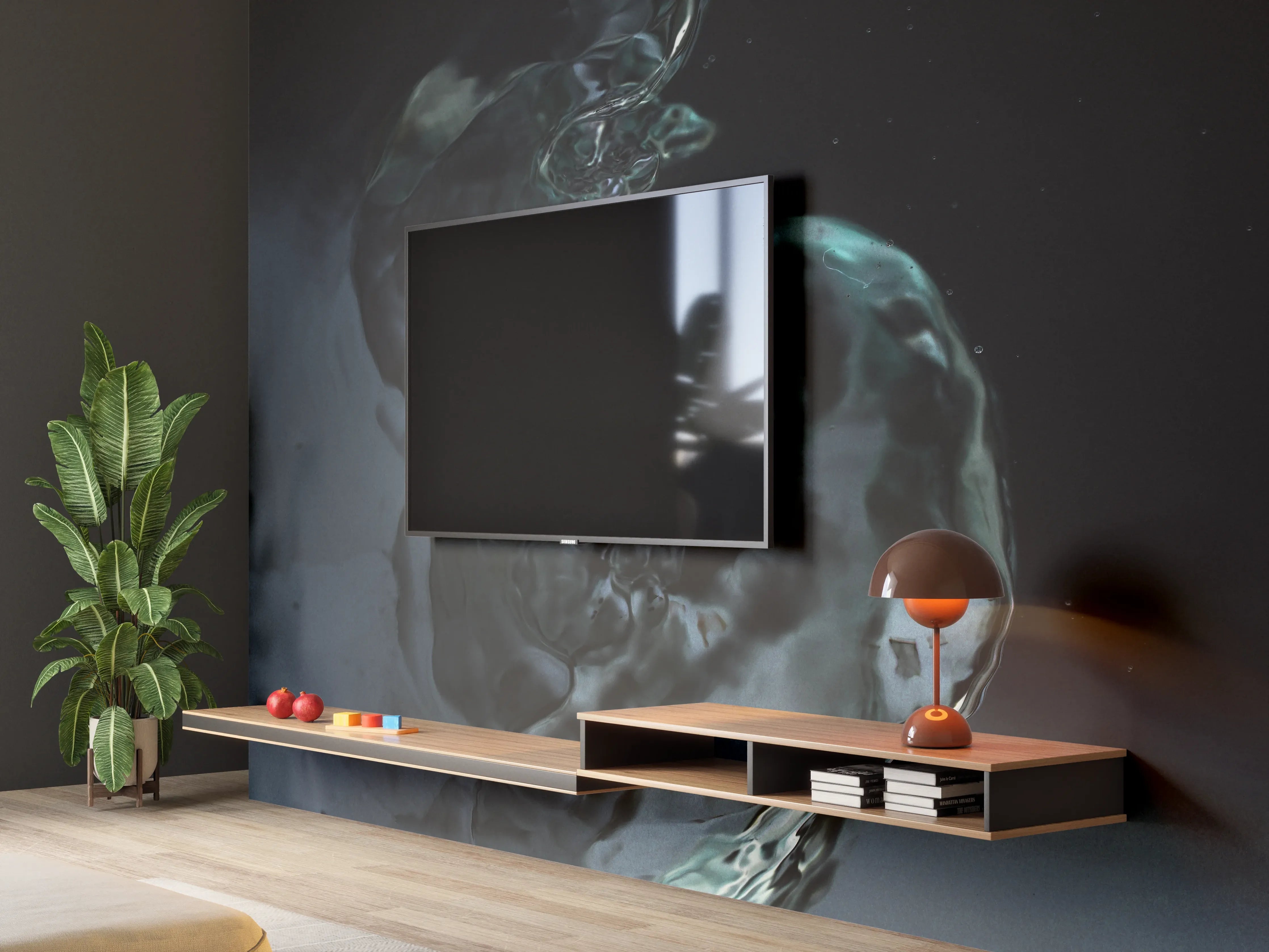 Wandverkleidung Wohnzimmer - Kunstvolle Wasserreflexion in Dunkelheit