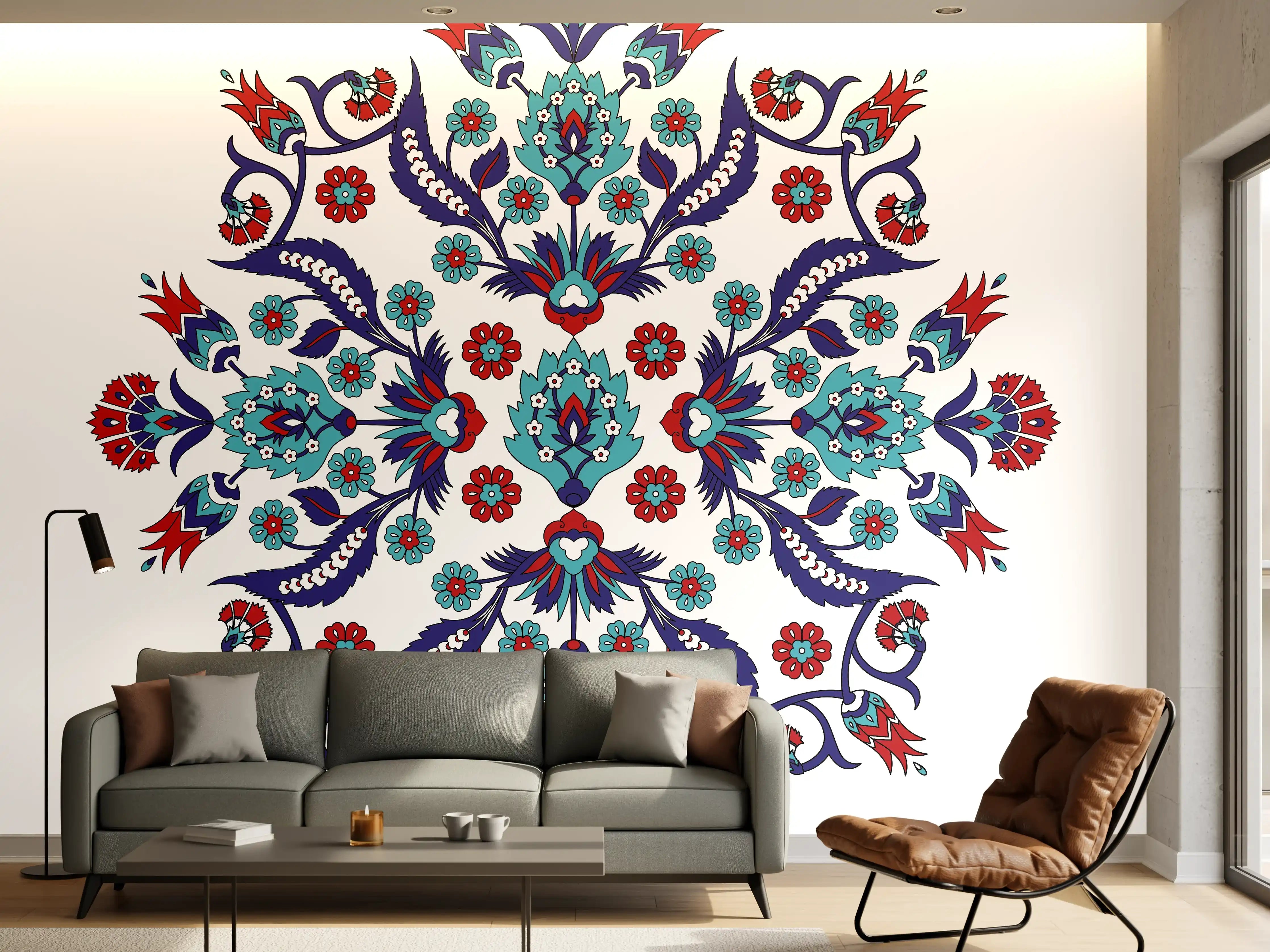 Wandverkleidung Wohnzimmer - Kunstvolles Mandala mit türkisen und roten Akzenten