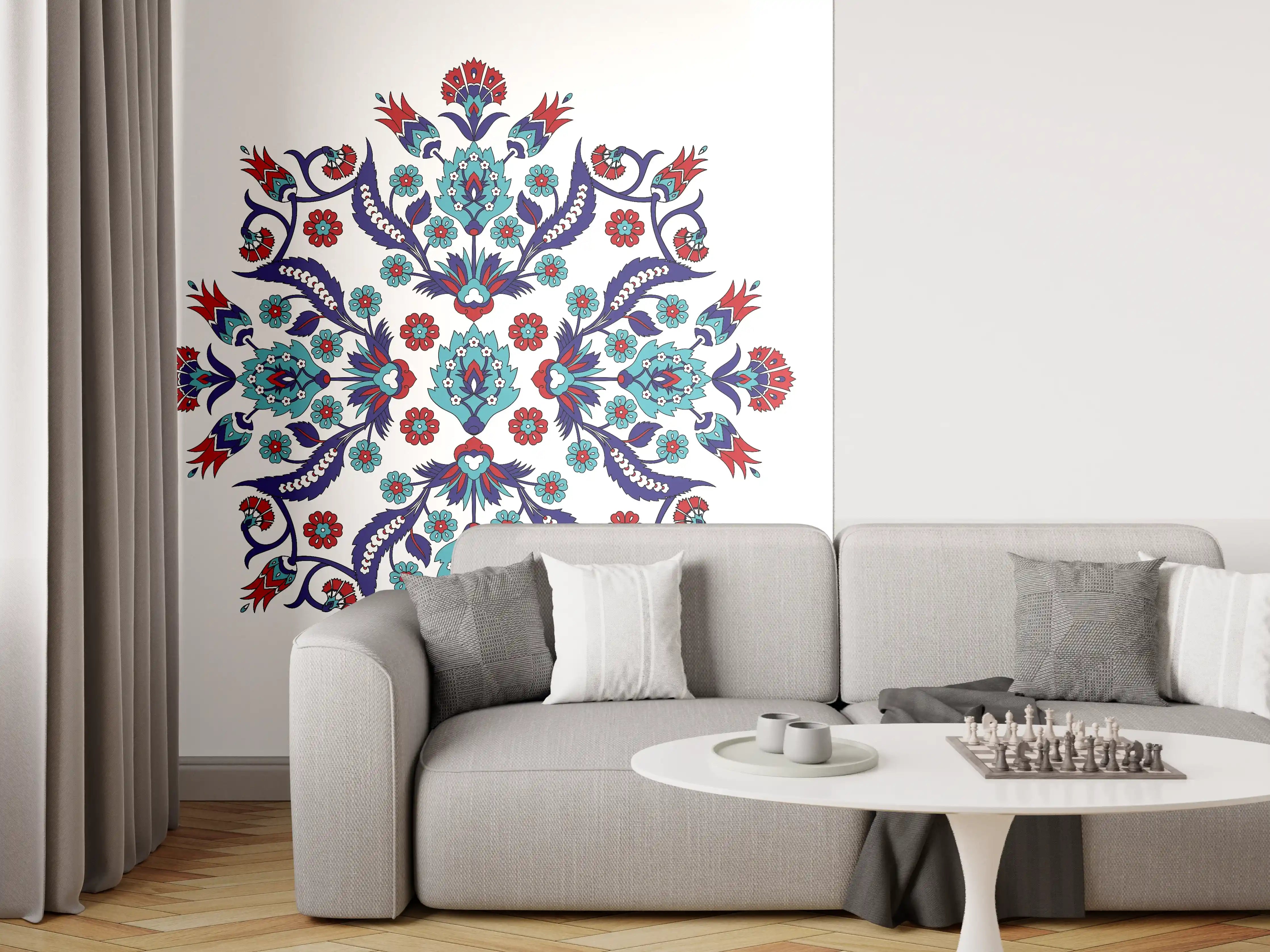 Wandverkleidung Wohnzimmer - Kunstvolles Mandala mit türkisen und roten Akzenten